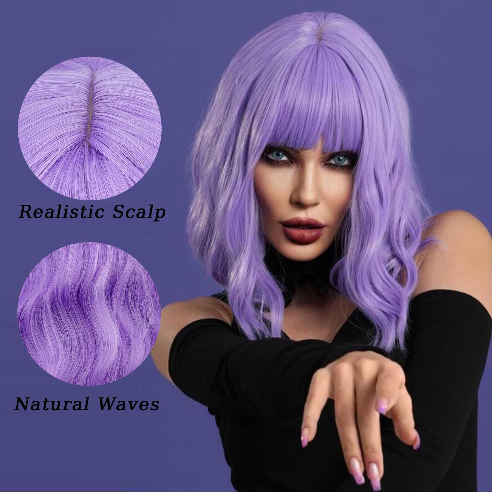 Andromeda Purple Wig With Bangs Soft Short Bob Wavy Wigs For Women Synthetic Shoulder Length Women'S Curly Wigs For Halloween Co