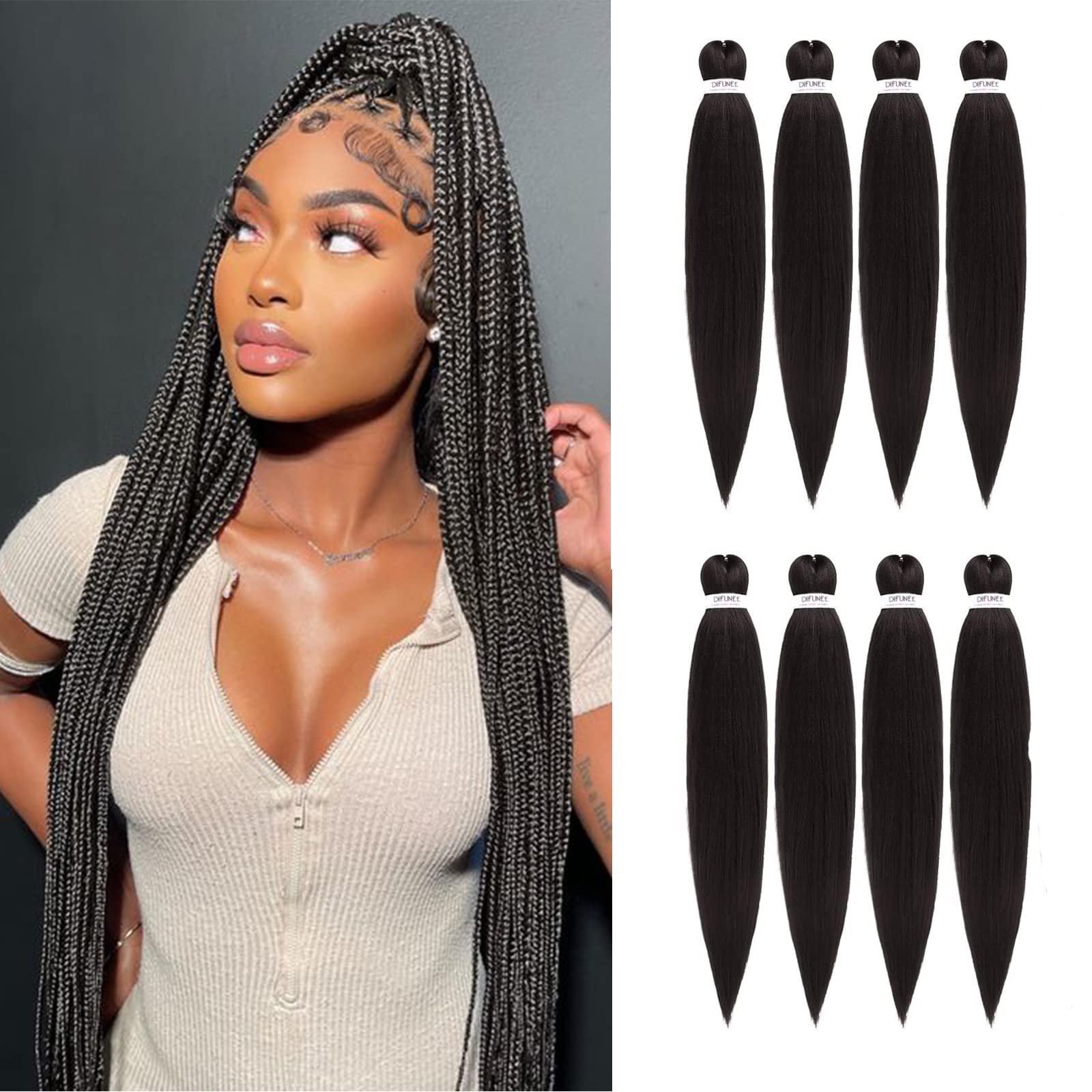 Difunee Pre-Stretched Braiding Hair - 28 Inch 8 Packs Dark Brown Super Long Braiding Hair For Twist Or Box Braids, Yaki Texture