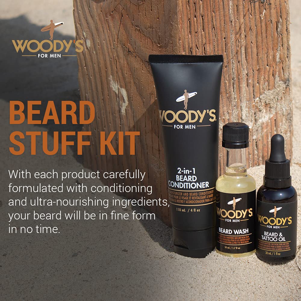 Woody'S Beard Stuff 3 Piece Kit - Beard And Tattoo Oil, Beard Wash, 2-In-1 Beard Conditioner