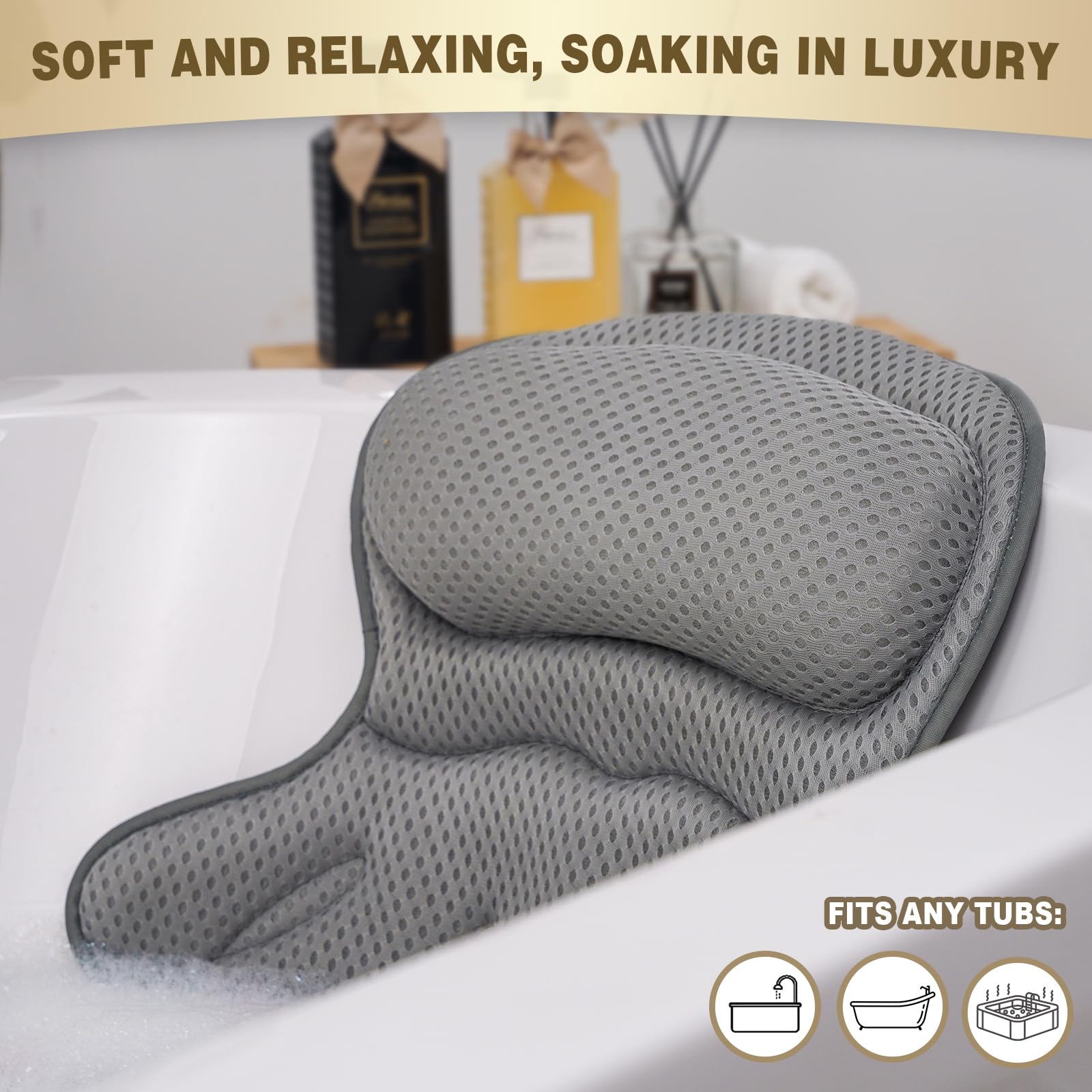 Bath Pillow Luxury Bathtub Pillow, Extra Soft & Comfortable Bath Pillow For Tub Head Neck And Back Support, With 4D Air Mesh Cus
