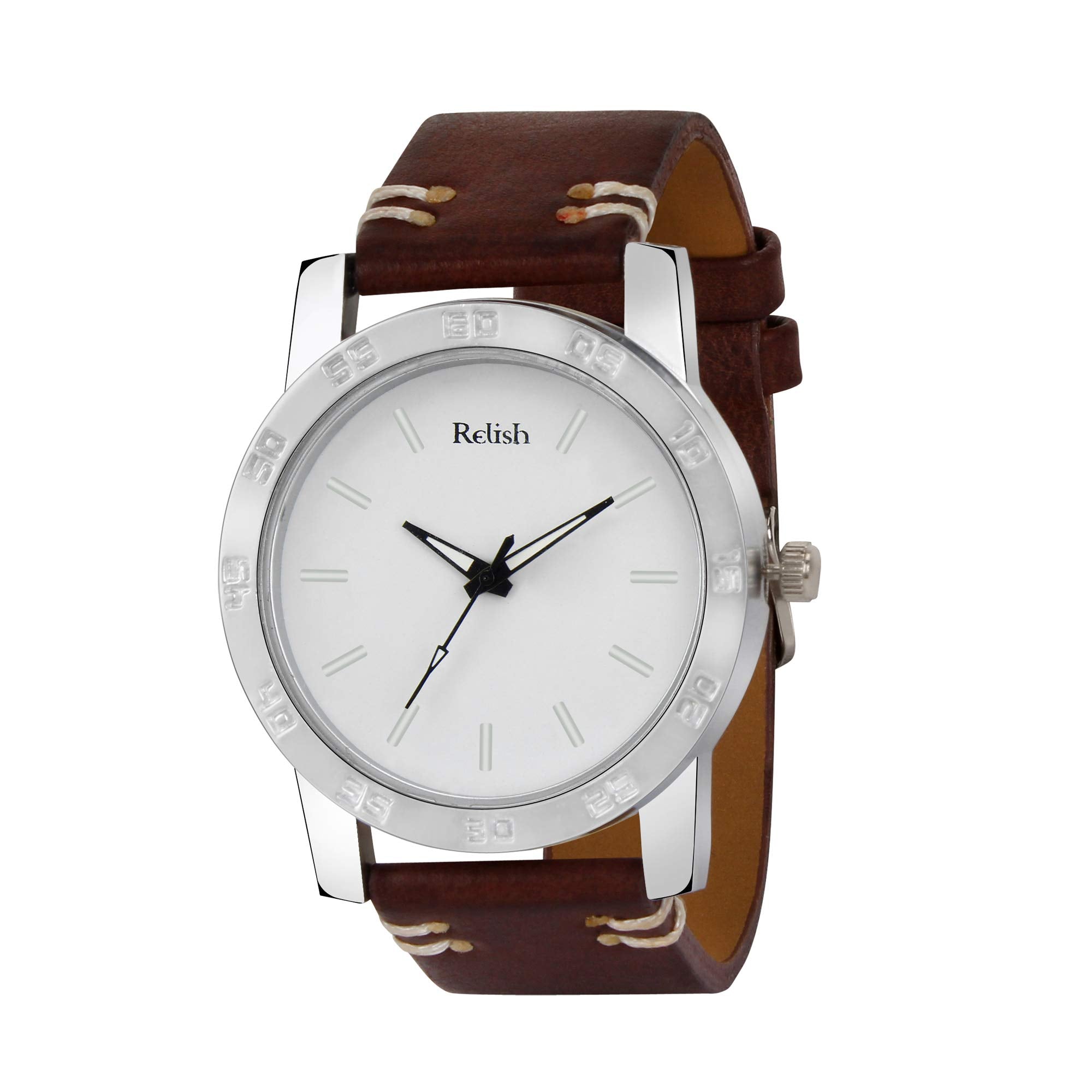 Relish MenS Silver Stainless Steel Case Brown Leather Strap Analog Display Quartz Watch | ReSb1089