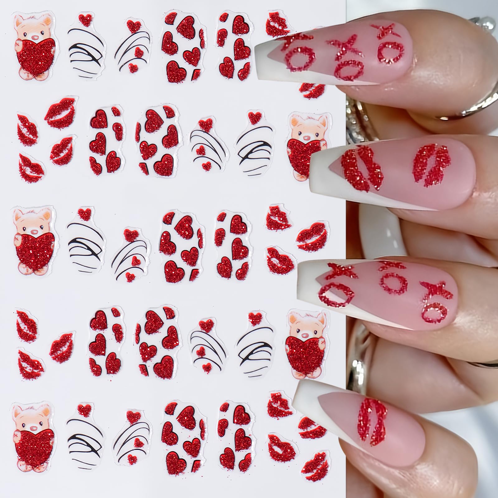 8Sheets Valentines Heart Bear Nail Stickers Gold Line Heart Nail Decals 3D Self-Adhesive Red Glitter Heart Lips Love Heart Nail