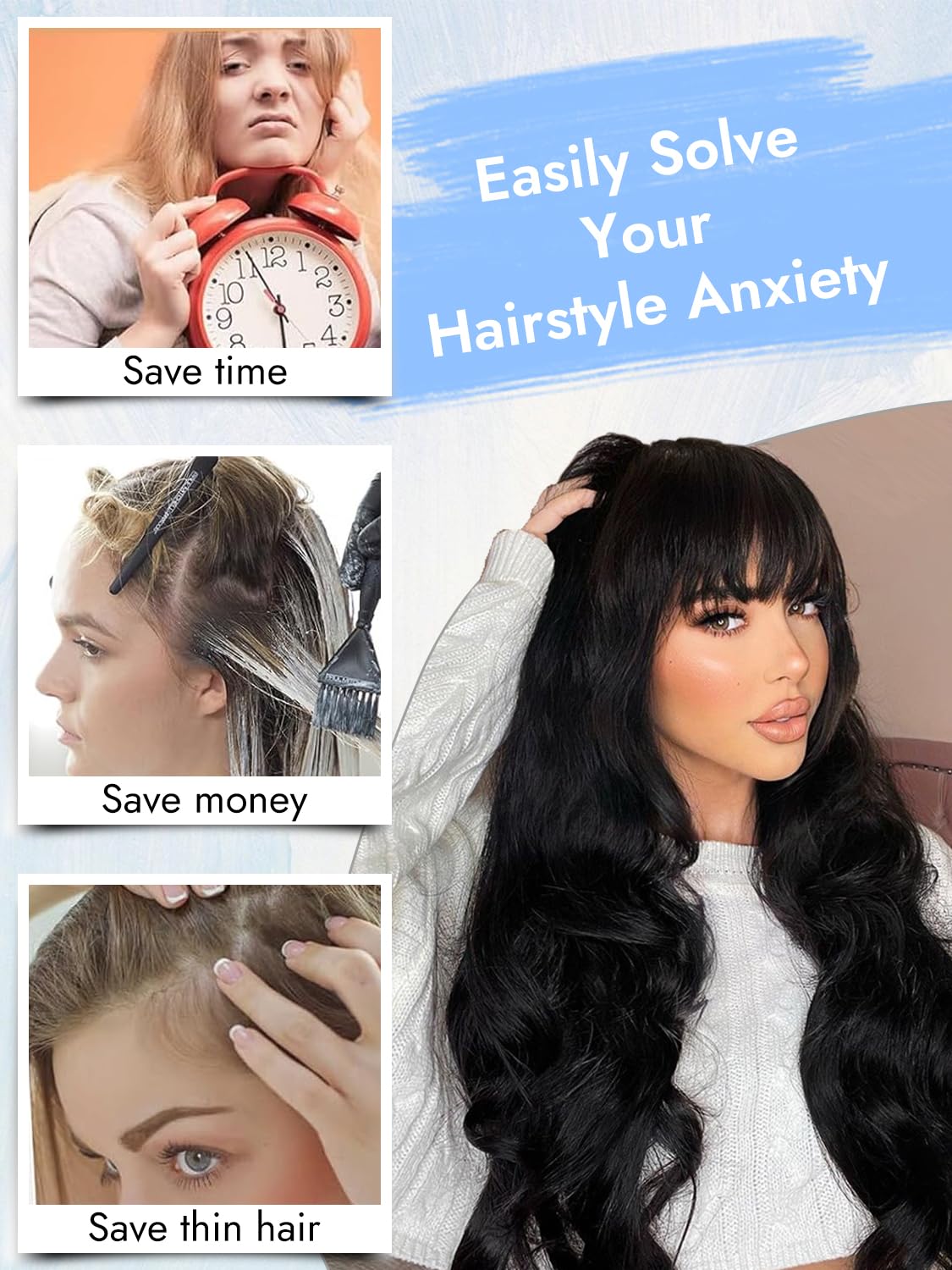 Aisi Hair Black Wig With Bangs Long Wavy Synthetic Wig For Women With Daily Party Use