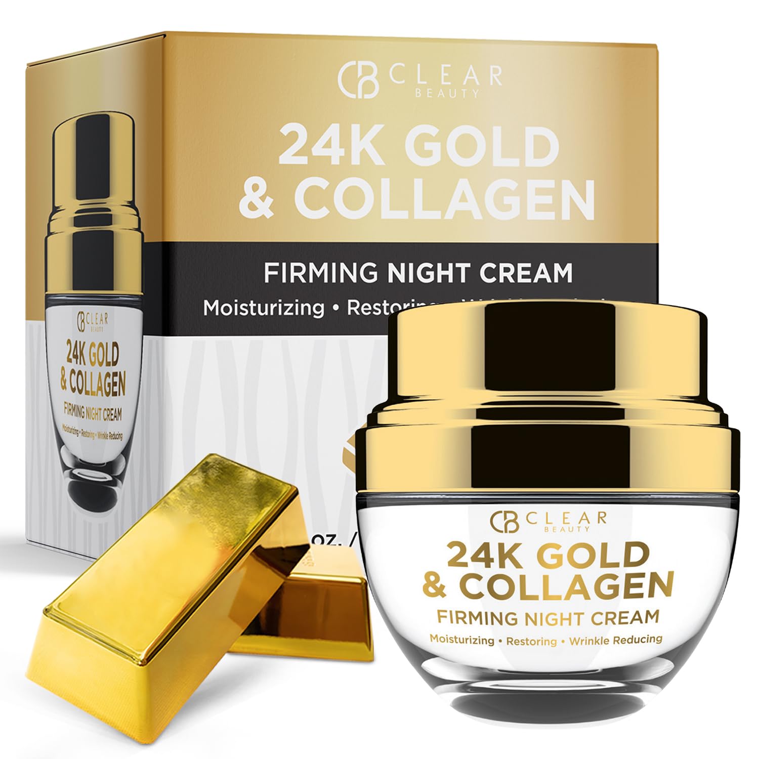 Clear Beauty 24K Gold & Collagen Night Face Moisturizer - Dermatologist Tested, Reduces Age Spots, Fine Lines & Wrinkles, Liftin
