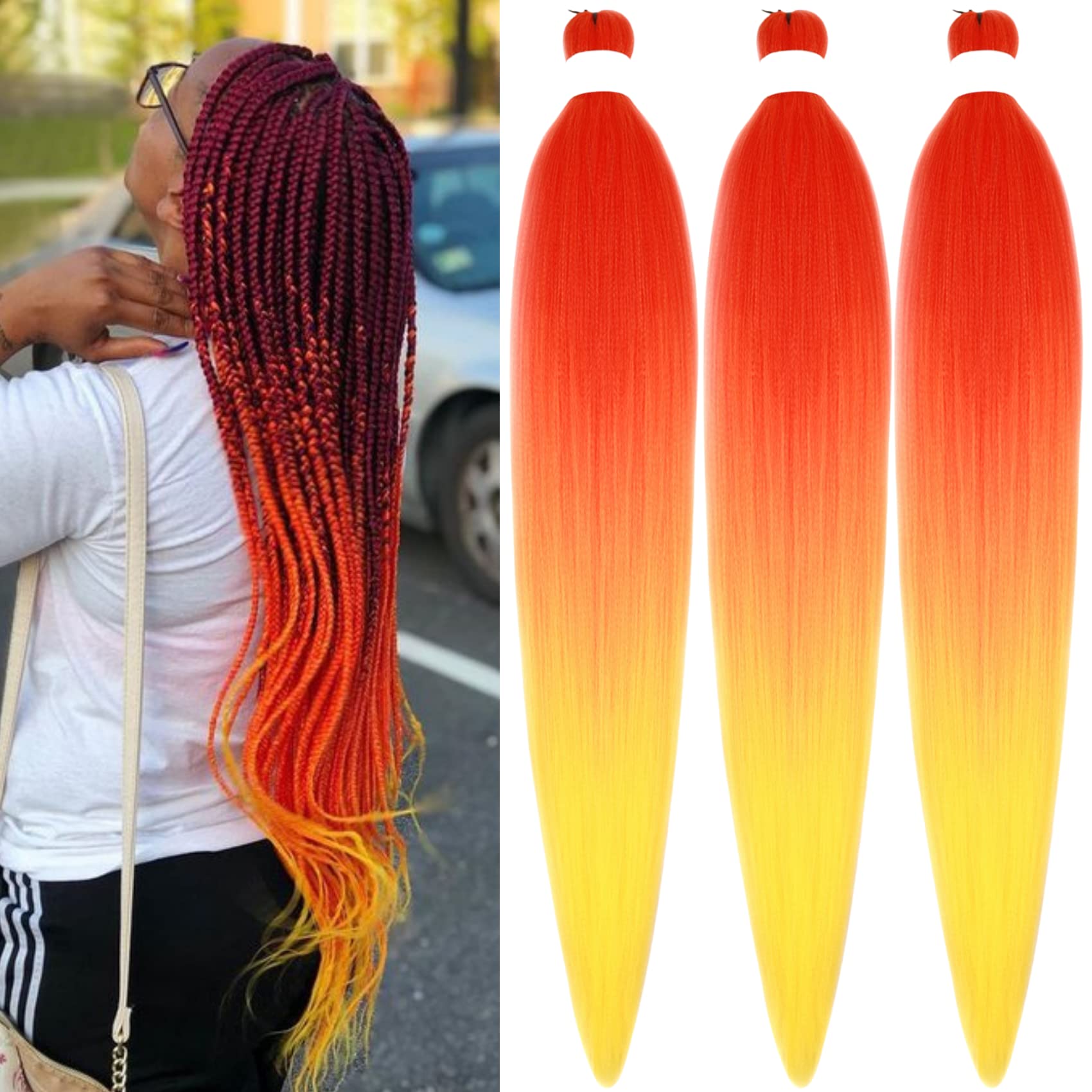Gozill Ombre Braiding Hair Pre stretched Red Orange Yellow Non Toxic Prestretched Ez Braid Hypoallergenic Itch Free Twist Knotle