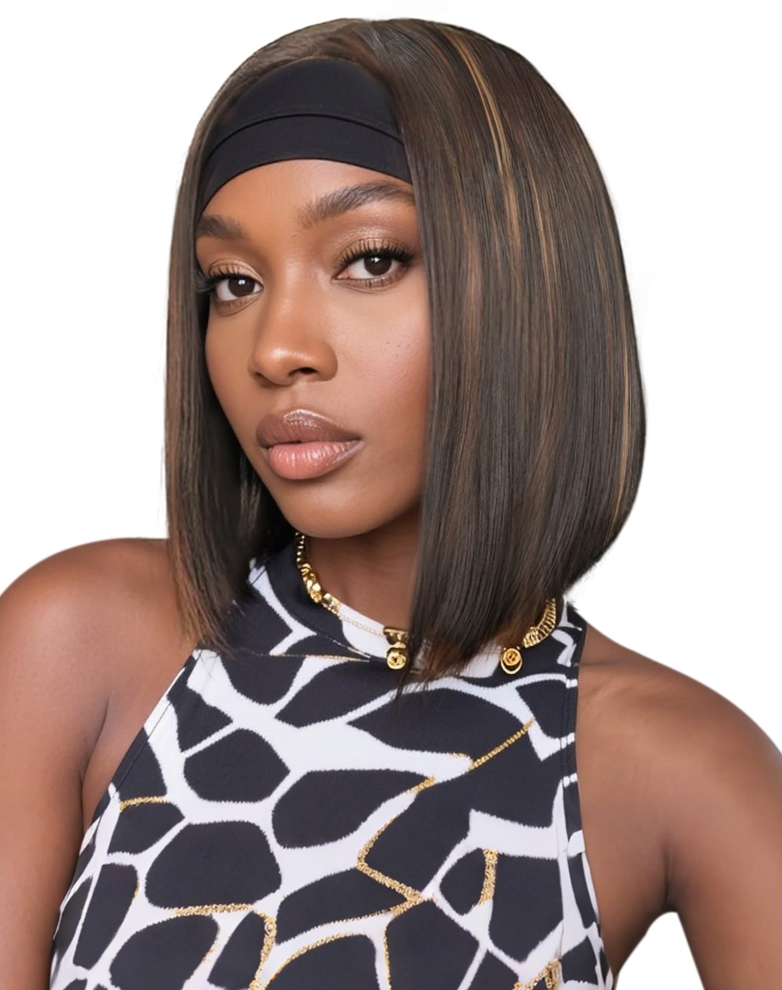 QUEENTAS 14  Straight Bob Headband Wig for Black Women, Glueless Wear and Go Synthetic Half Wig, No Lace Shoulder Length, #4/27 