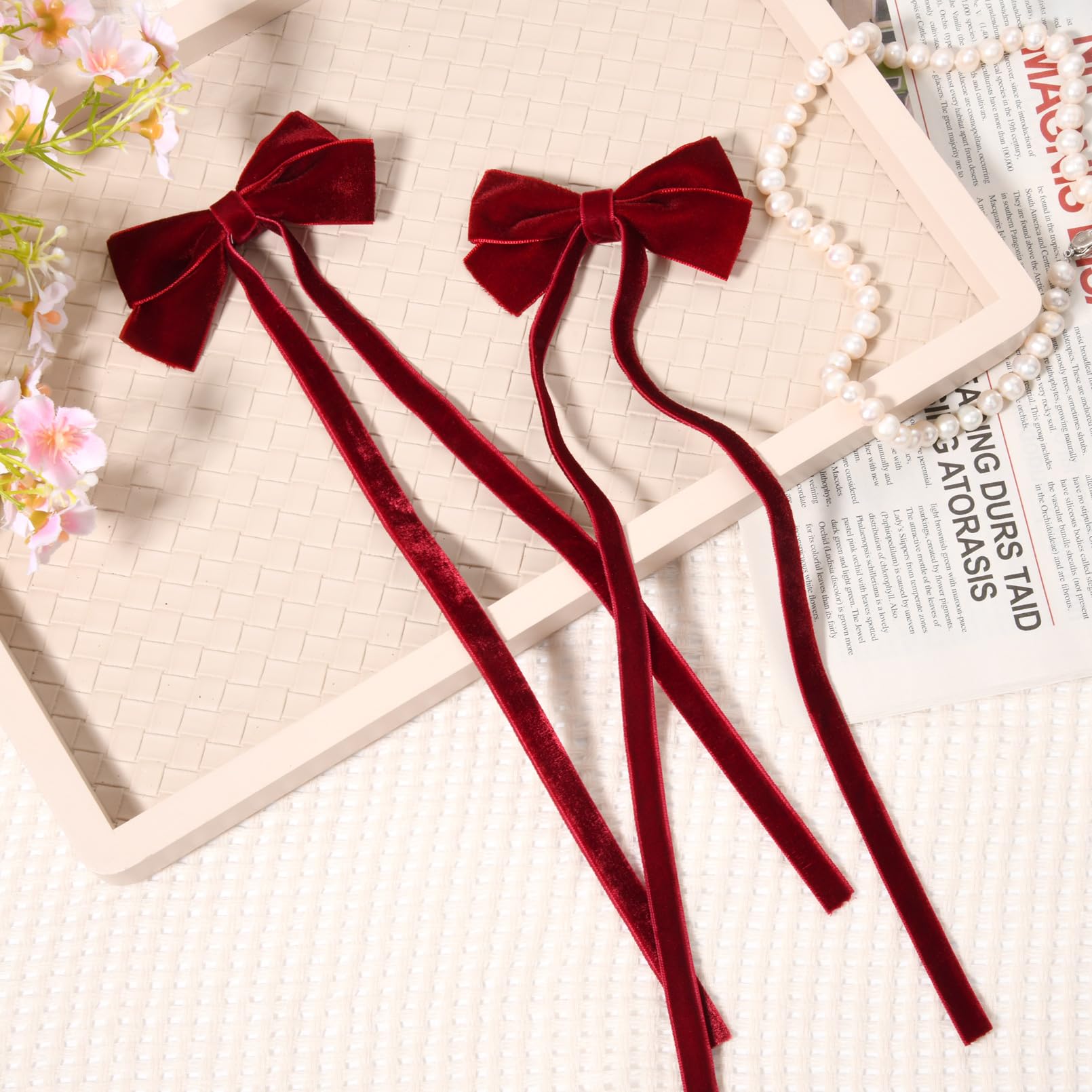 2Pcs Velvet Hair Bows Ribbon Hair Clip Red Ponytail Holder Accessories Slides Metal Clips Hair Bow For Women Girls Toddlers Teen