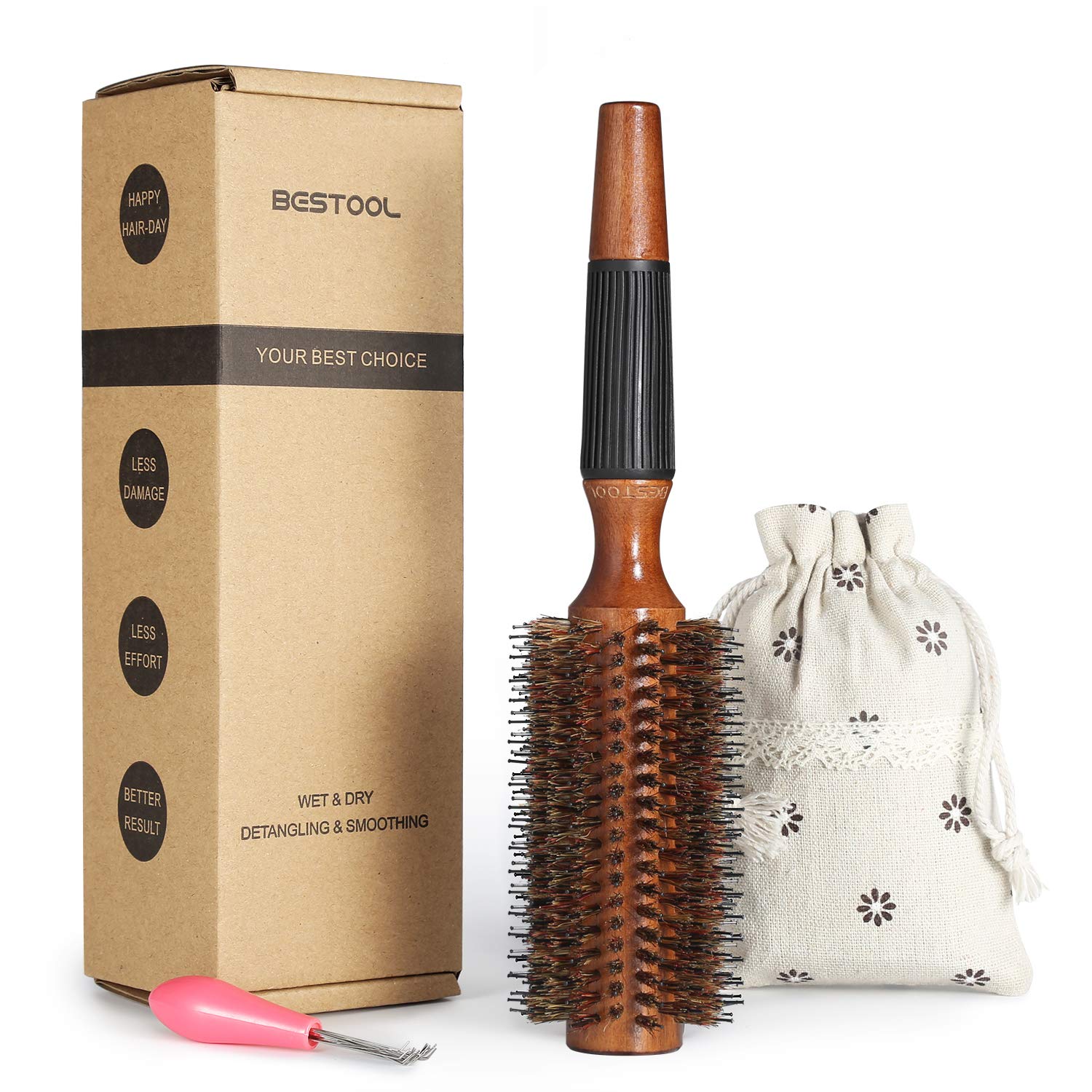 BESTOOL Round Brush for Blow Drying, Boar Bristle, 2.5 Inch, Brown, Model SUM-JP-ROLLER, Adds Shine & Volume, Minimizes Damage