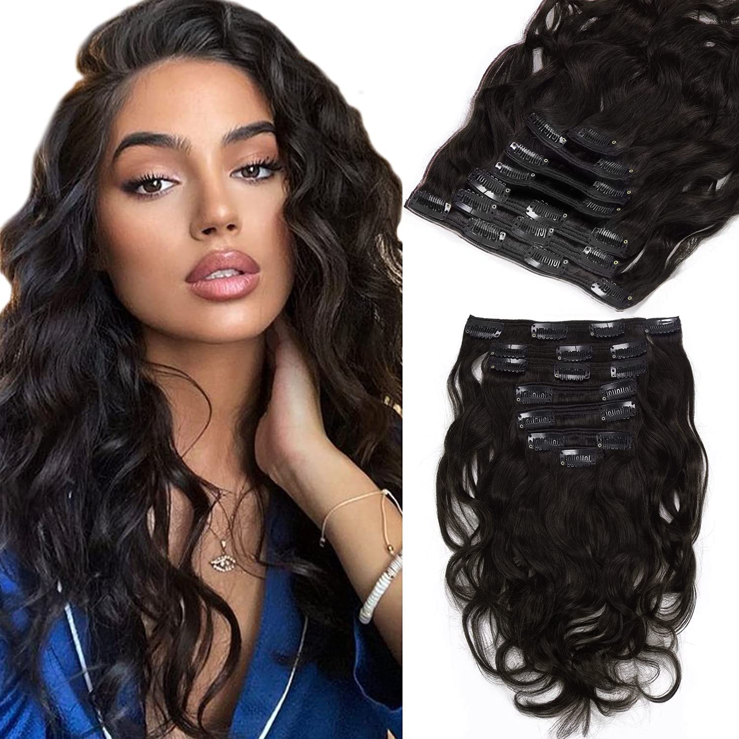 Loxxy Clip in Human Hair Extensions #1B Natural Black and Natural Wave Real Human Hair Extensions 14inch Double Weft with 17 Str