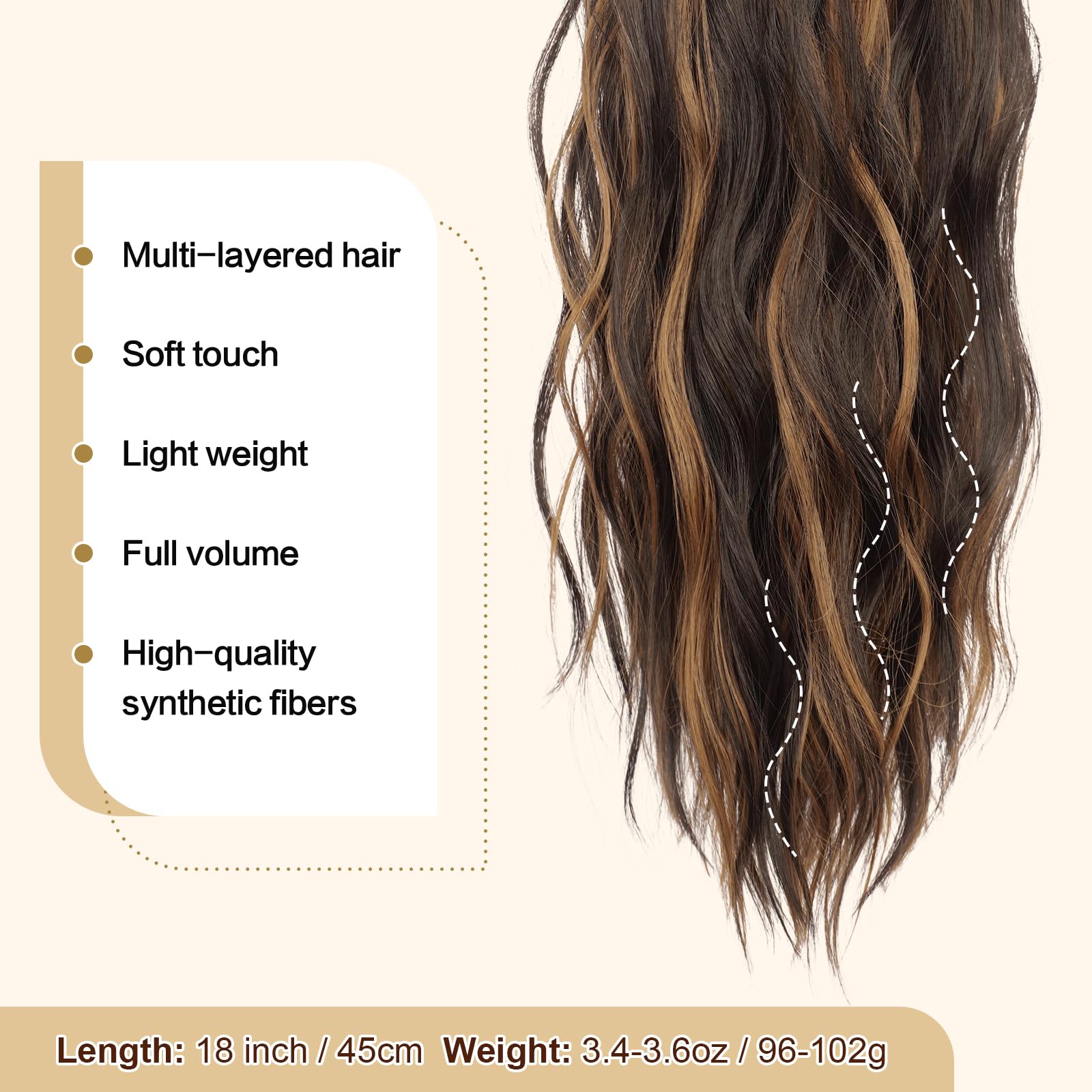 FESHFEN Ponytail Extensions, Drawstring Ponytails Hair Extension Black & Caramel Brown Long Curly Wavy Hair Piece Synthetic Pony