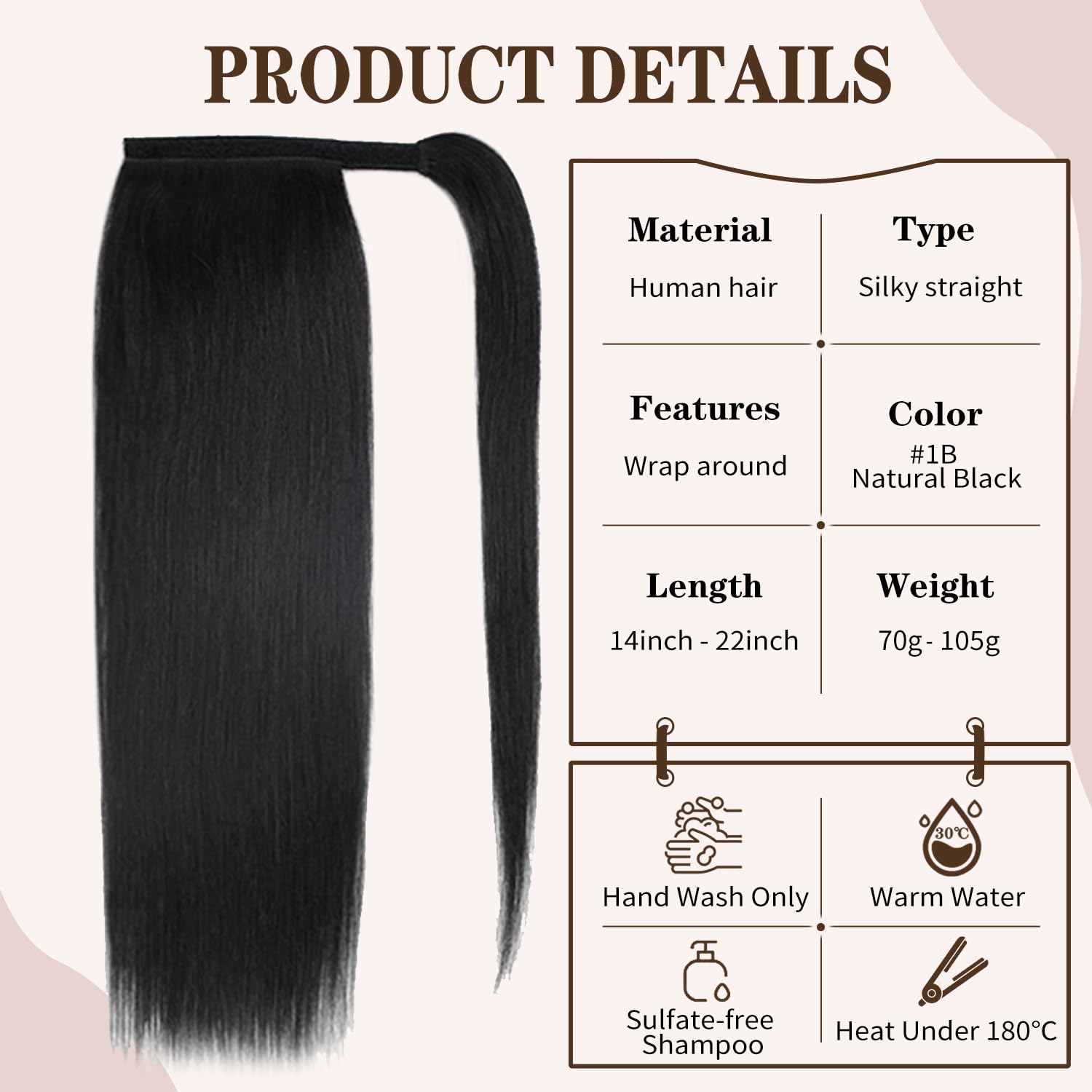 20'' Human Hair Ponytail Extensions 95G #1B Natural Black 100% Remy Human Hair Wrap Around Long Ponytail Clip In Hair Extensions