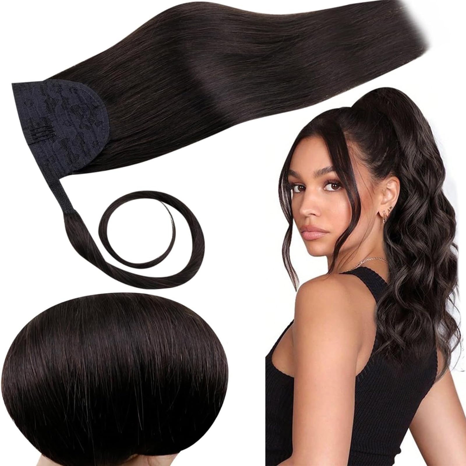 RUNATURE Black Real Hair Ponytail Extension 16 Inch 80g Straight Clip in Ponytail Extension Human Hair with Magic Paste Thick #1