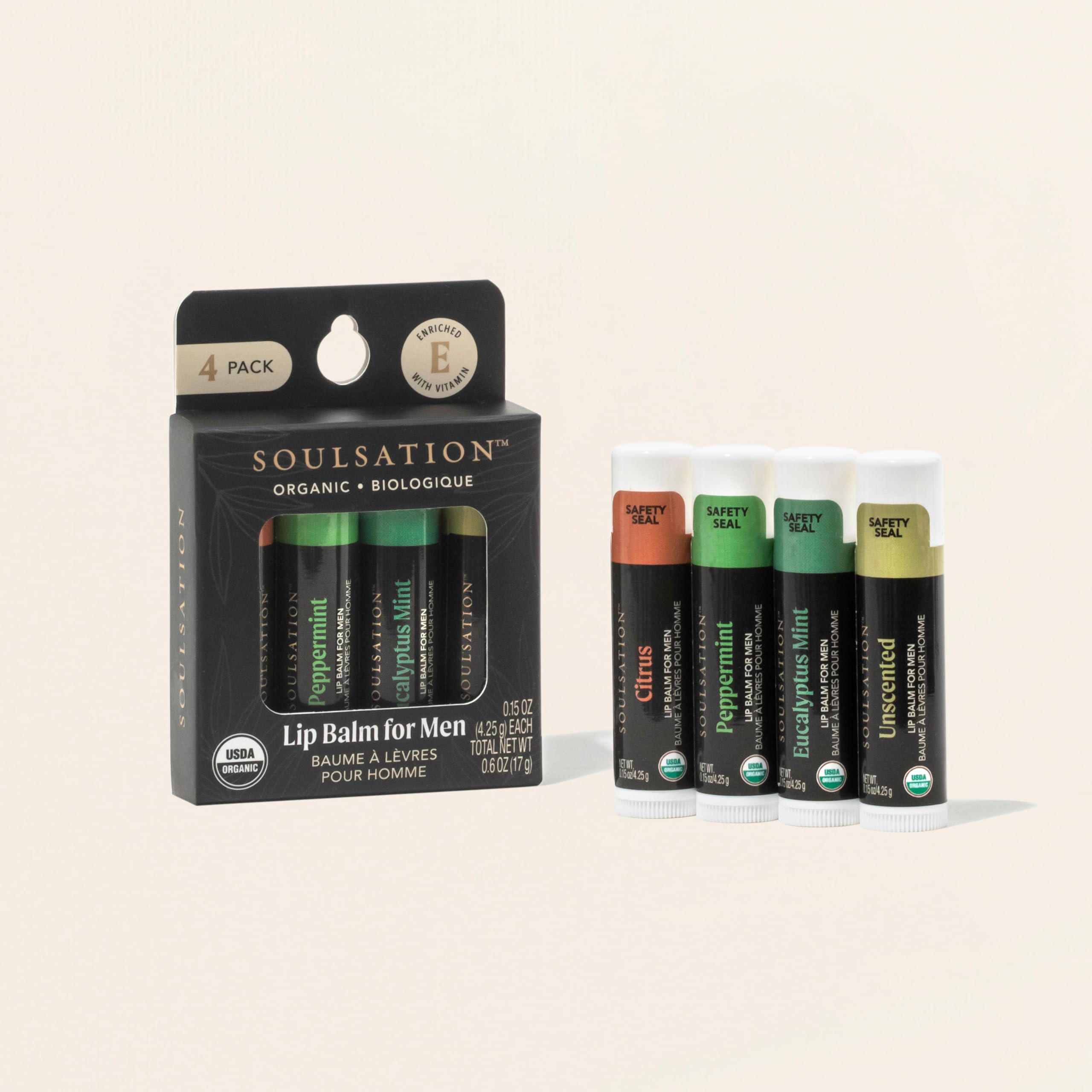 Soulsation Organic Lip Balm Set, 4 Flavors - For Men, Moisturizing For Cracked & Dry Lips