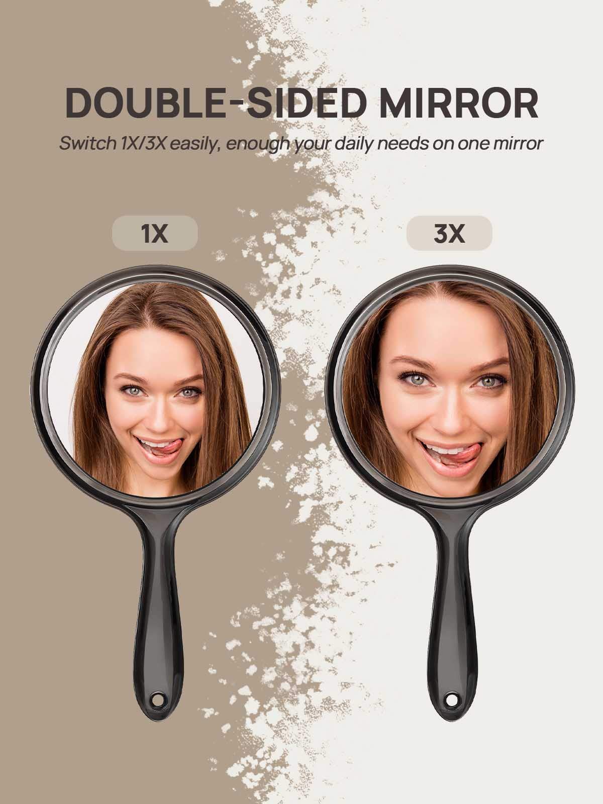 OMIRO Hand Mirror, Double-Sided Handheld Mirror 1X/3X Magnifying Mirror with Handle, Pack of 1 (Transparent Black)