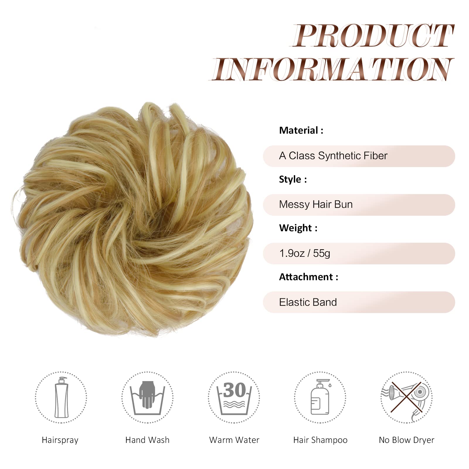 Feshfen Messy Bun Hair Piece Curly Wavy Large Hair Bun Scrunchies Extensions Honey Blonde & Bleach Blonde Synthetic Tousled Updo