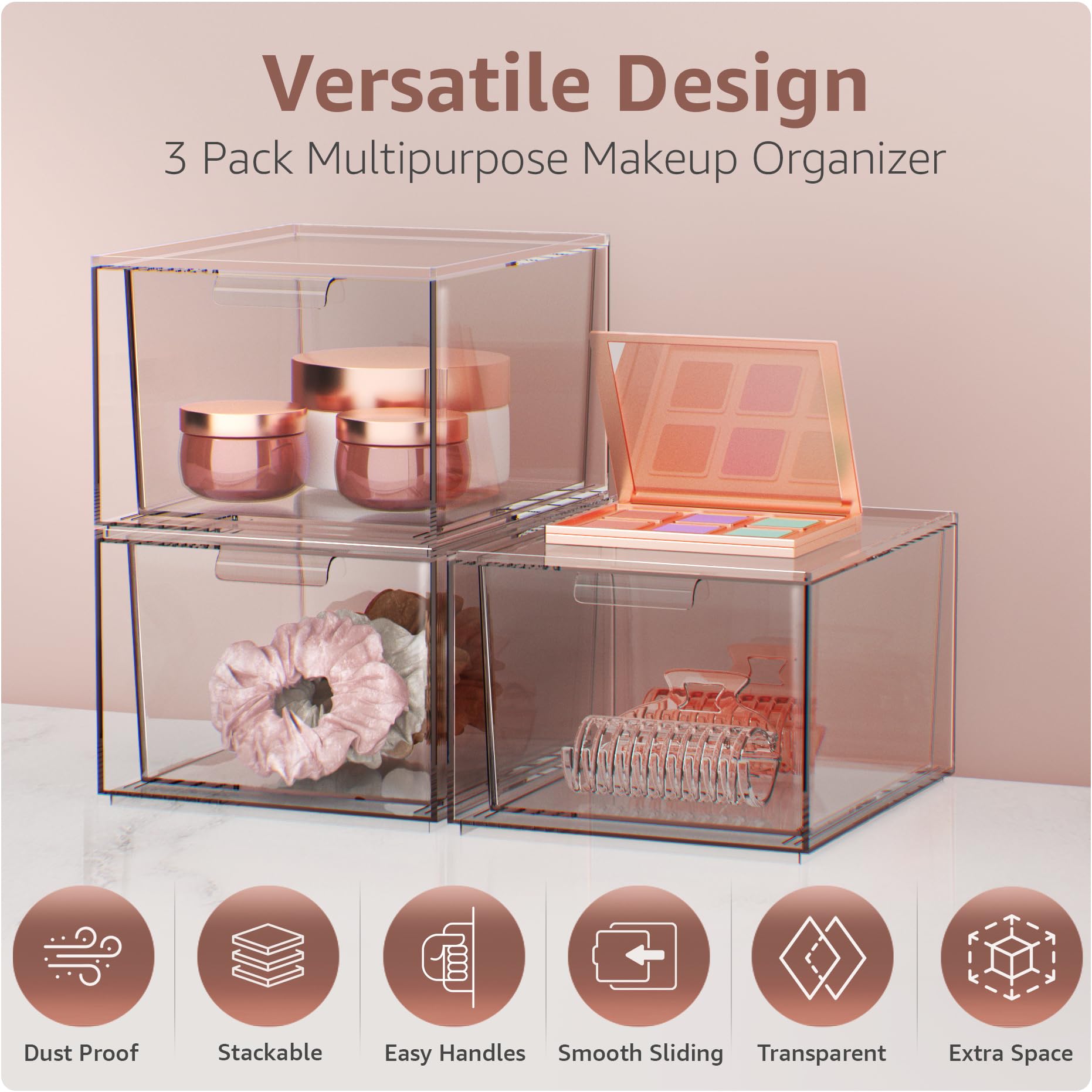 Sorbus 3 Pack Makeup Organizer - Clear Stackable Acrylic Drawer Organizer For Vanity, Bathroom, Undersink, Cabinets, Jewelry, St