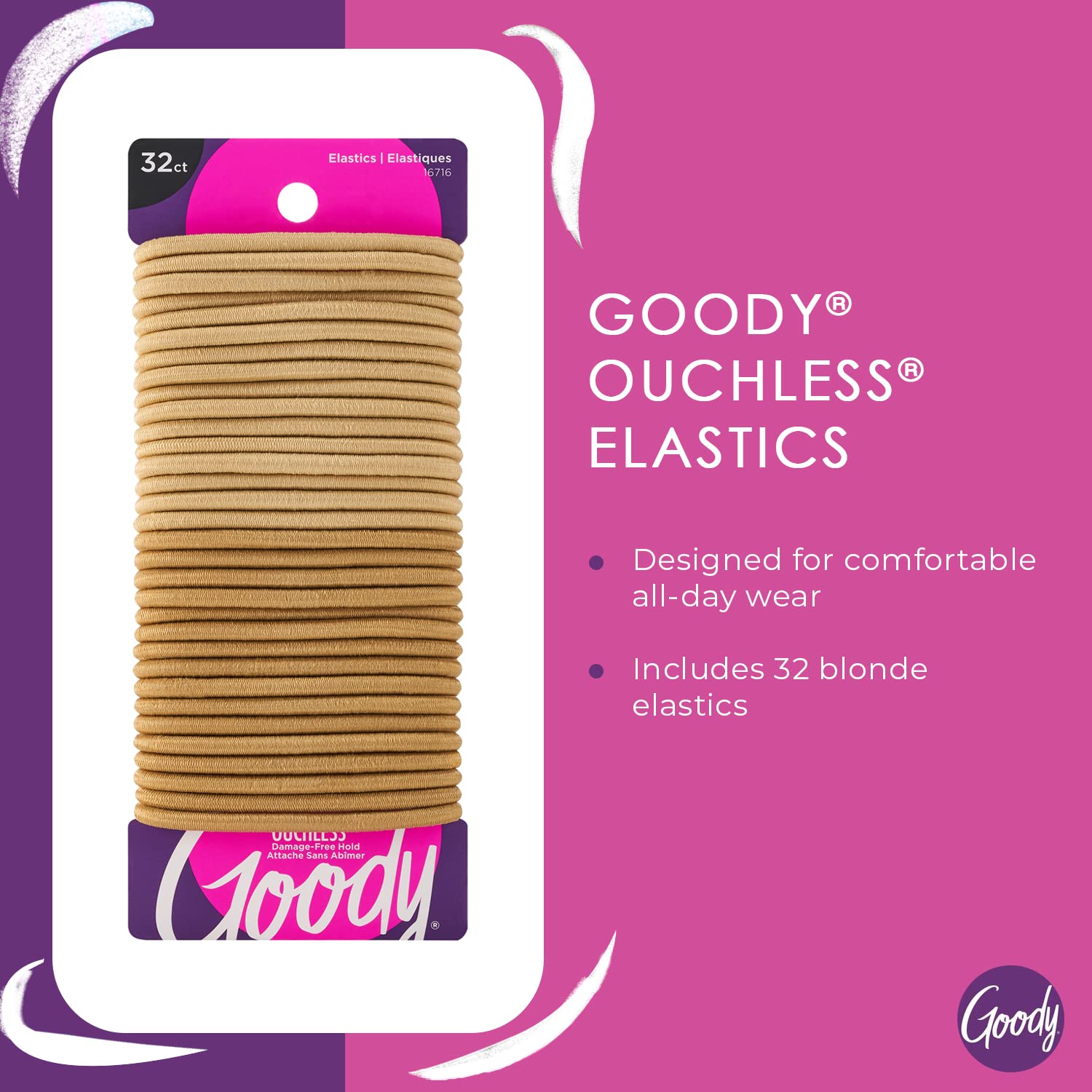 GOODY Ouchless Elastic Hair Tie, 32 Count, Blonde - Pain-Free, Slideproof for All Hair Types, Model 2089000