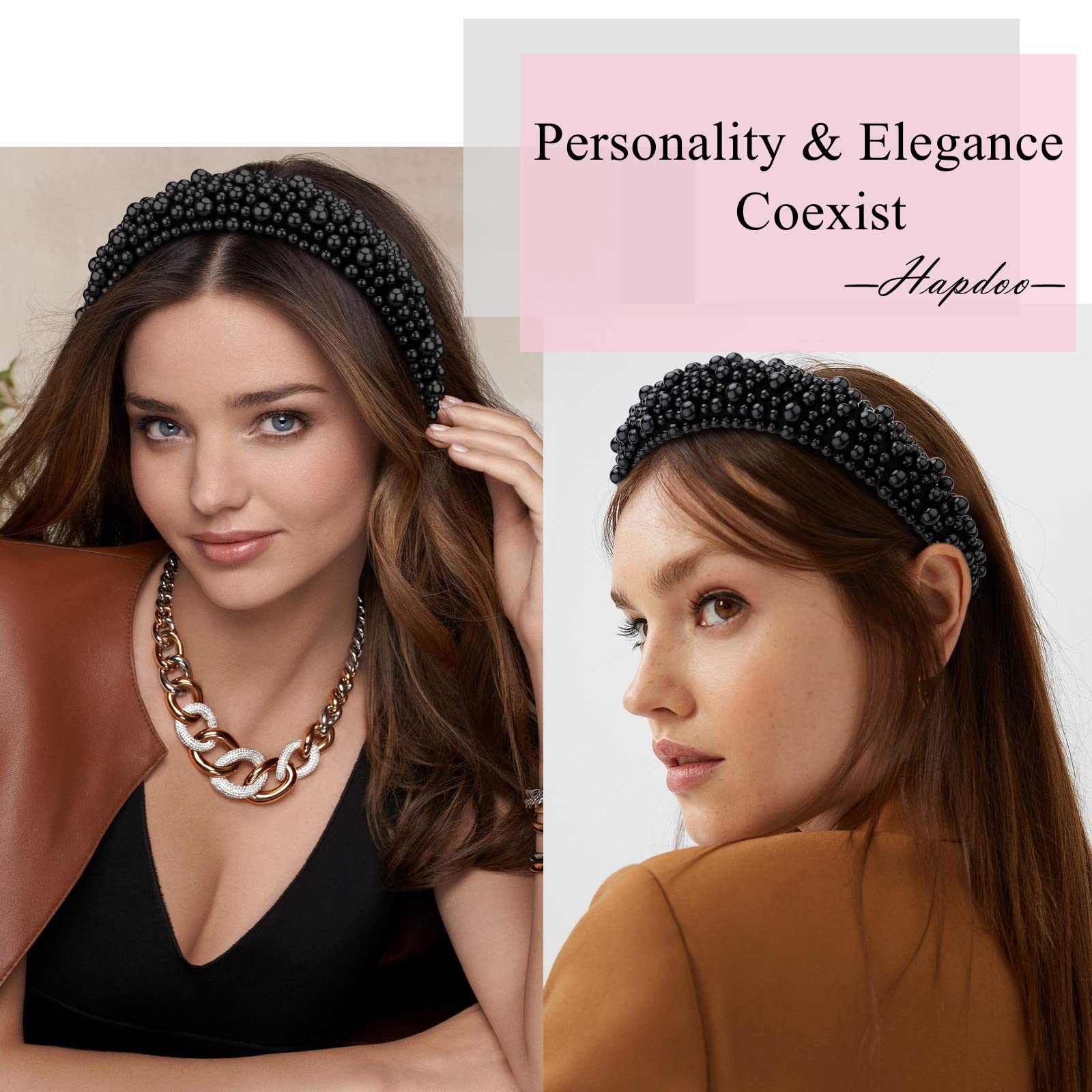 Hapdoo Black Pearl Headbands For Women Girls, Cute Puffy Padded Headband With Faux Pearl For Wedding Bride Fashion, Wide Thick B