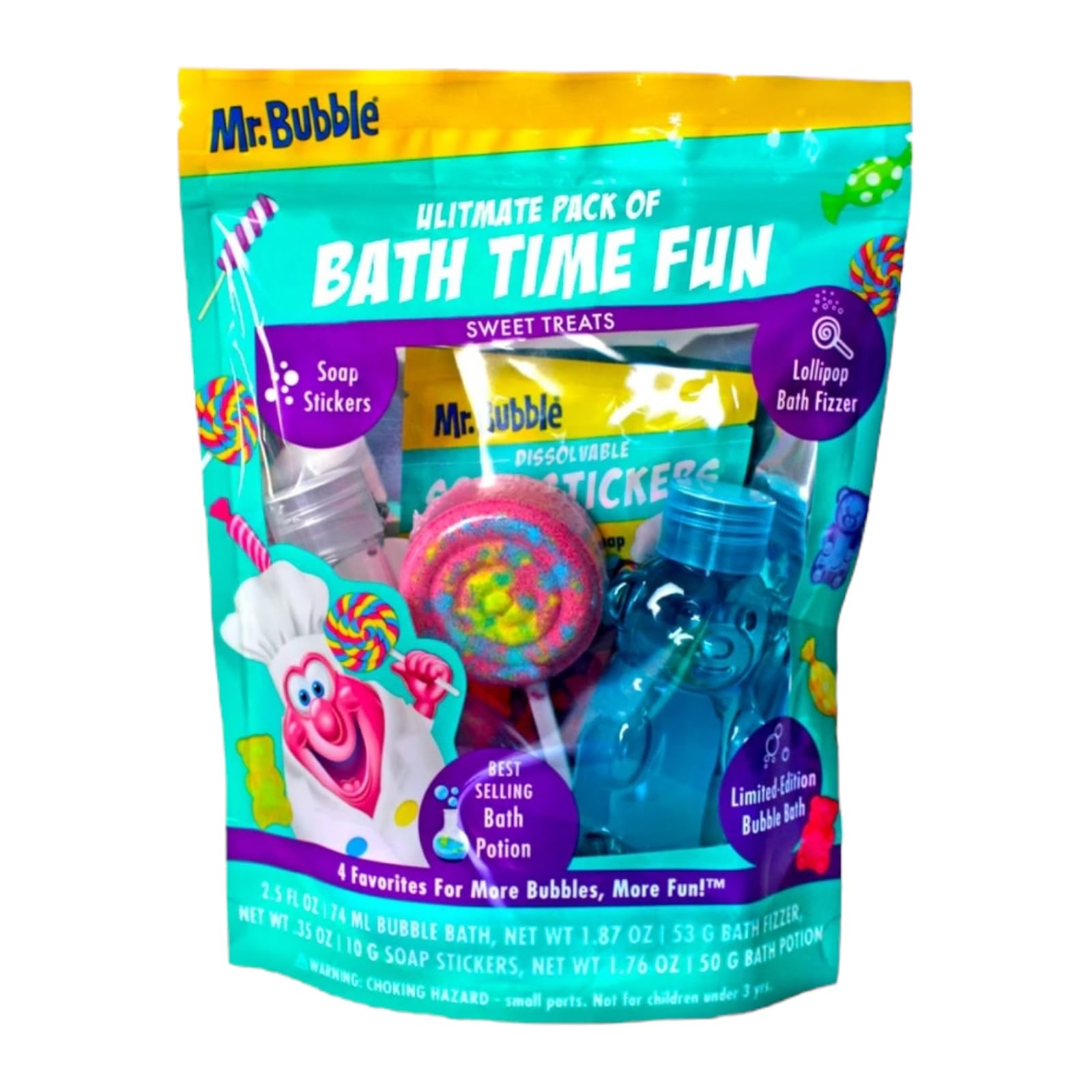 Mr Bubble Sweet Treats Bath Set, Lollipop Fizzer, Gummy Bear Bubble Bath, Bath Potion, Soap Stickers