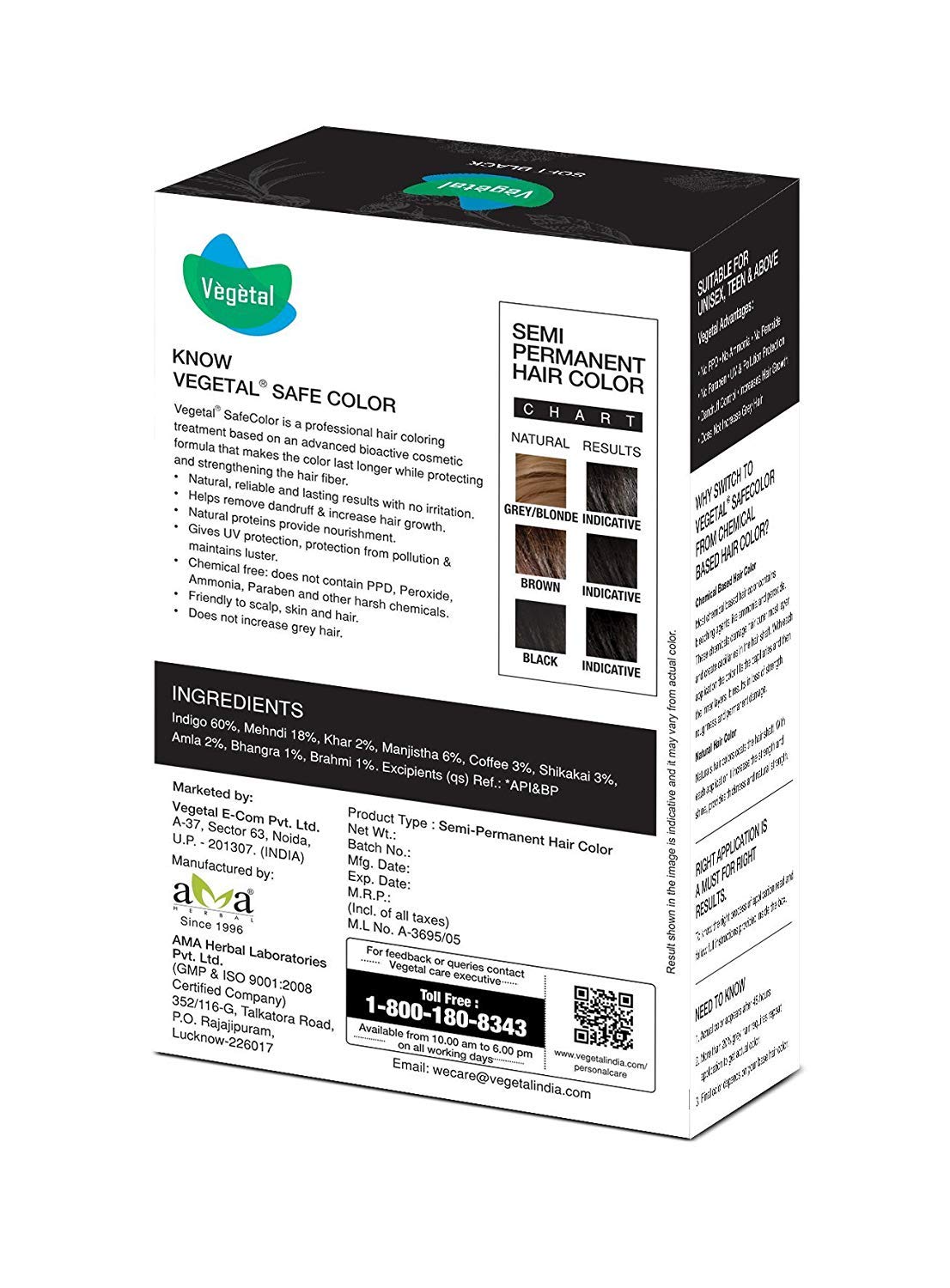 Vegetal Safe Hair Color -Soft Black 100g. - Certified Organic Chemical and Allergy Free Bio Natural Hair Colour with No Ammonia