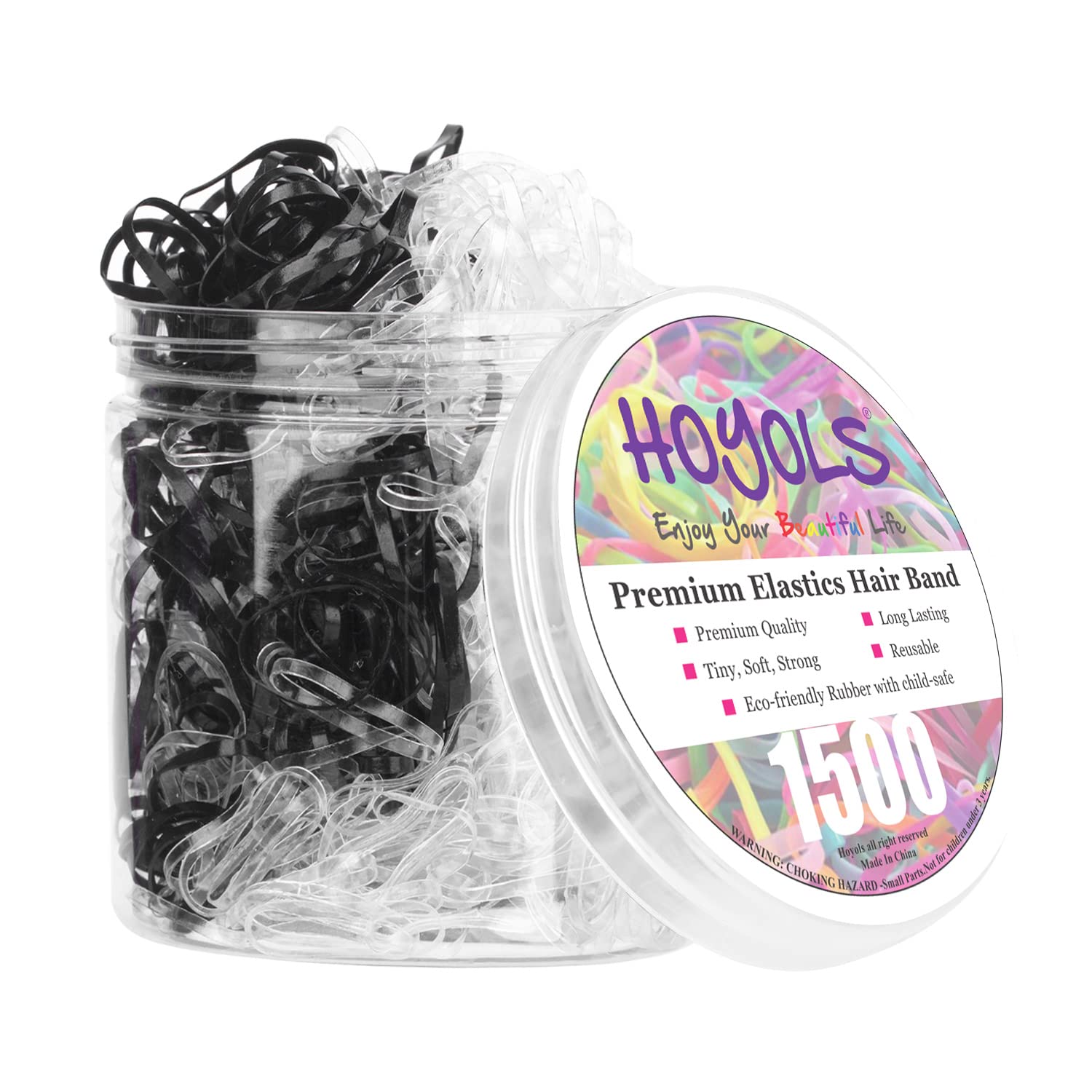 HOYOLS Clear & Black Elastic Hair Ties Rubber Bands Soft Ponytail Holder Mini Plastics Polyband for Women Girls 1500 Pcs Assorte