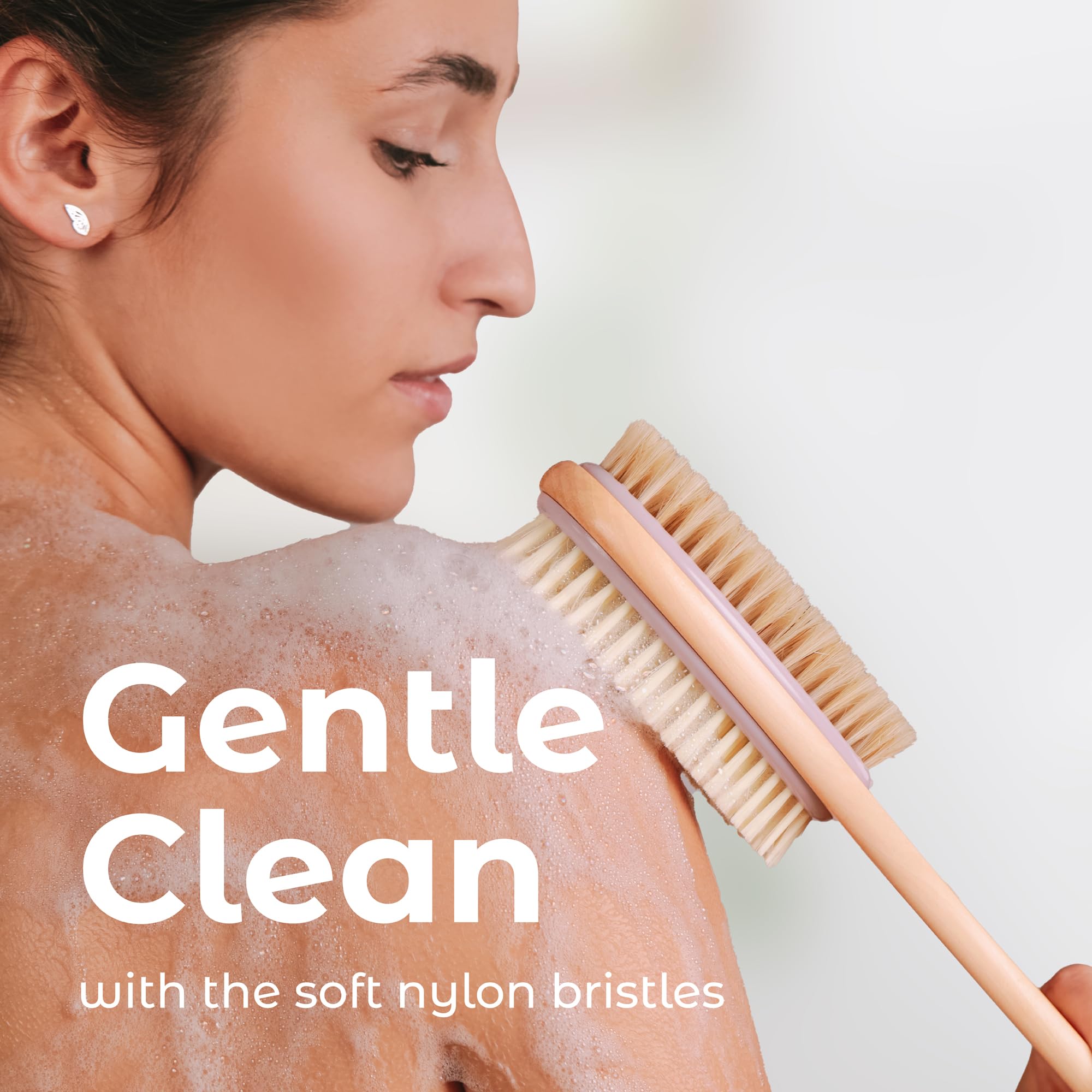 Mainbasics Back Scrubber For Shower Long Handle Back Brush Dual-Sided With Exfoliating And Soft Bristles (Lavender, Wood)