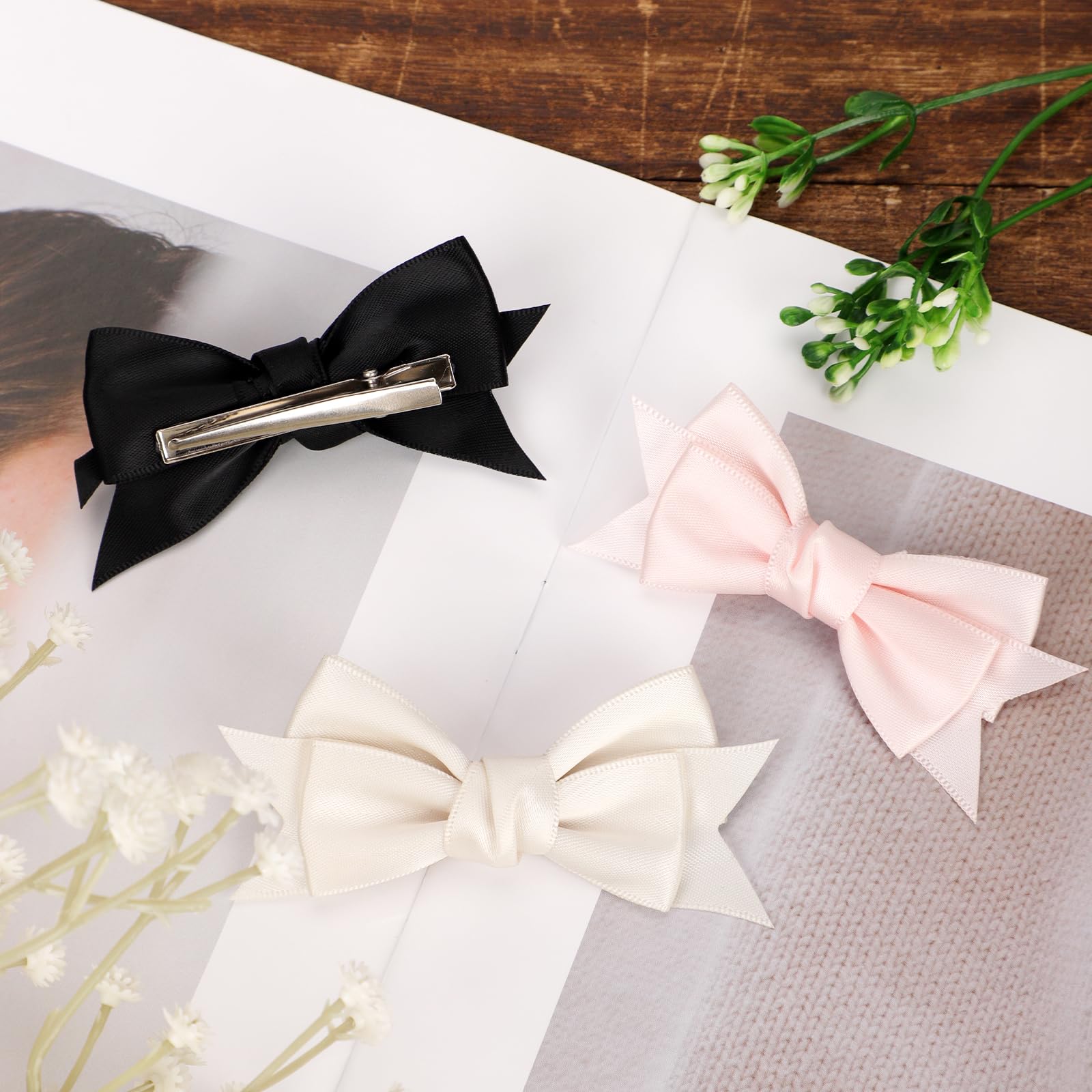 3Pcs Bow Knot Hair Clips, Black Pink Off White Bow Tie Barrettes Smooth Satin Kawaii Ribbon Clips Multi-Layer Design Bow Clips H