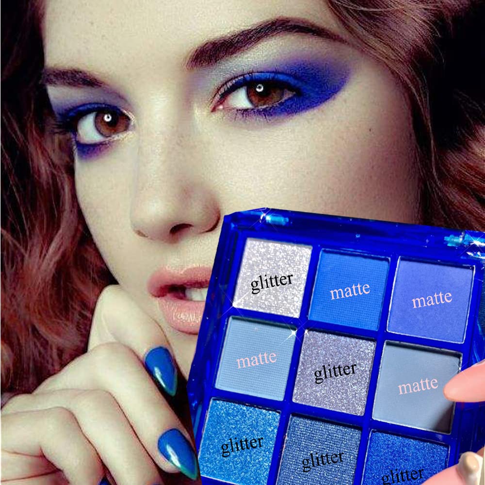 Yeweian Blue Eyeshadow Palette, 9 Colors Glitter Matte Eyeshadow Makeup Palette,Silver Grey Light Blue Eyeshadow Palette, Highly