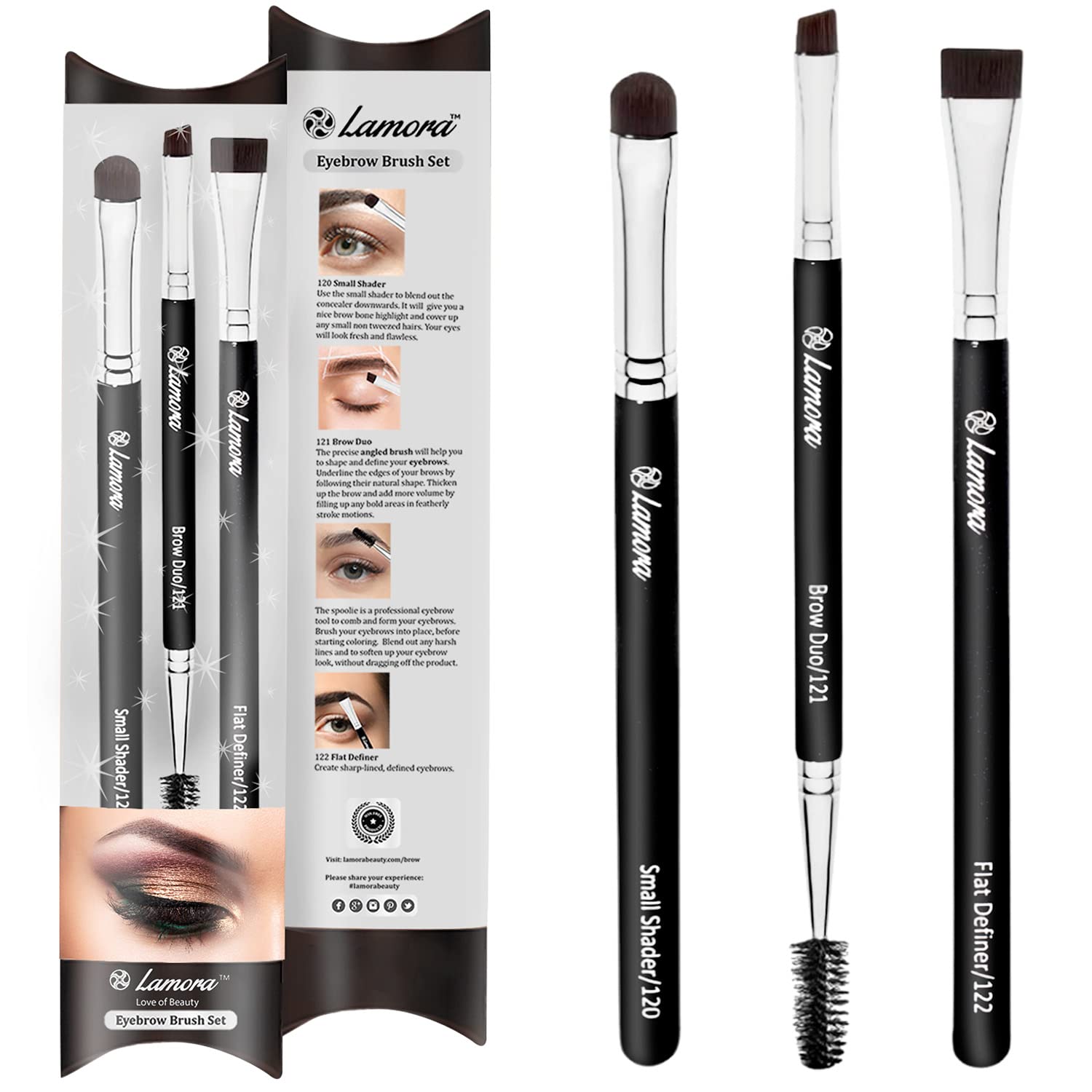 Eyebrow Brush - Duo Eye Brow Spoolie - Angled Eyeshadow Eyeliner - Precision Flat Definer - Small Shader - 3 Piece Makeup Brush 