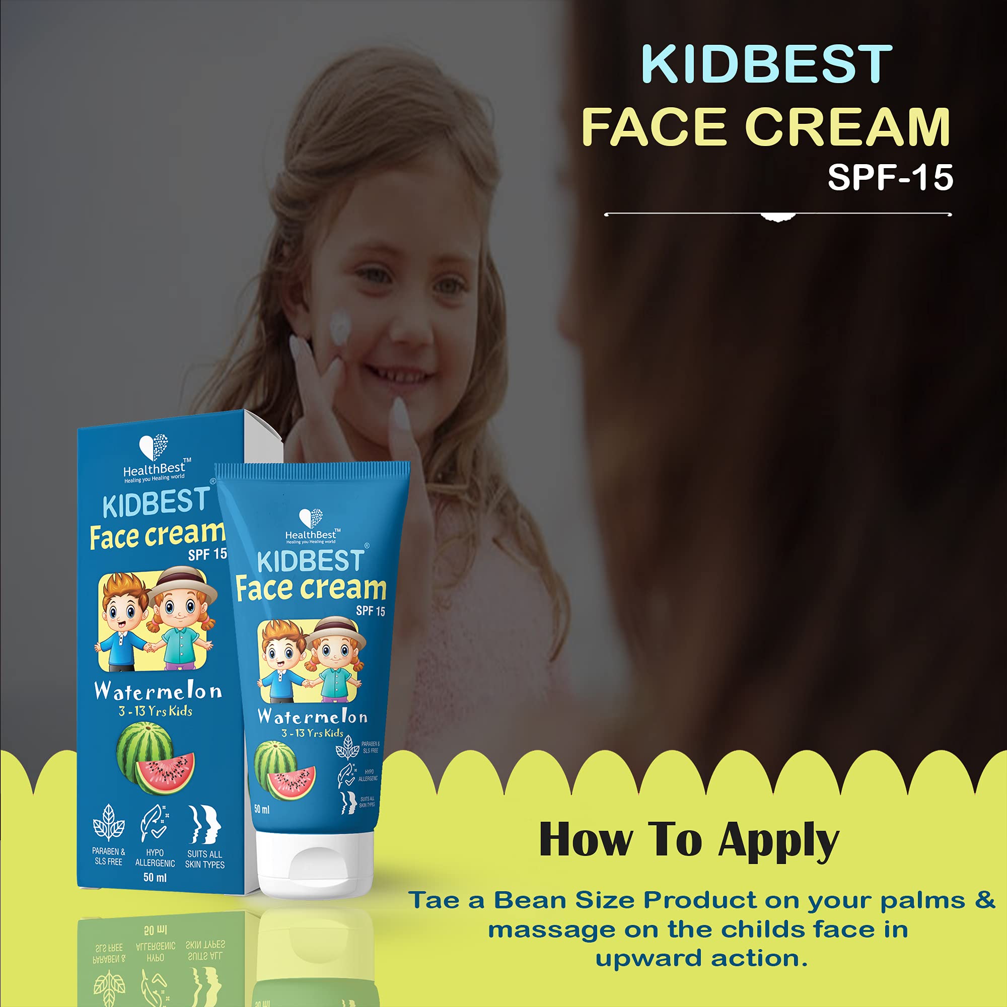 Healthbest Kidbest Face Cream For Kids, Spf 15, Safe For Sensitive Skin & Unscetened, Tear, Paraben, Sls Free, Watermelon Flavor