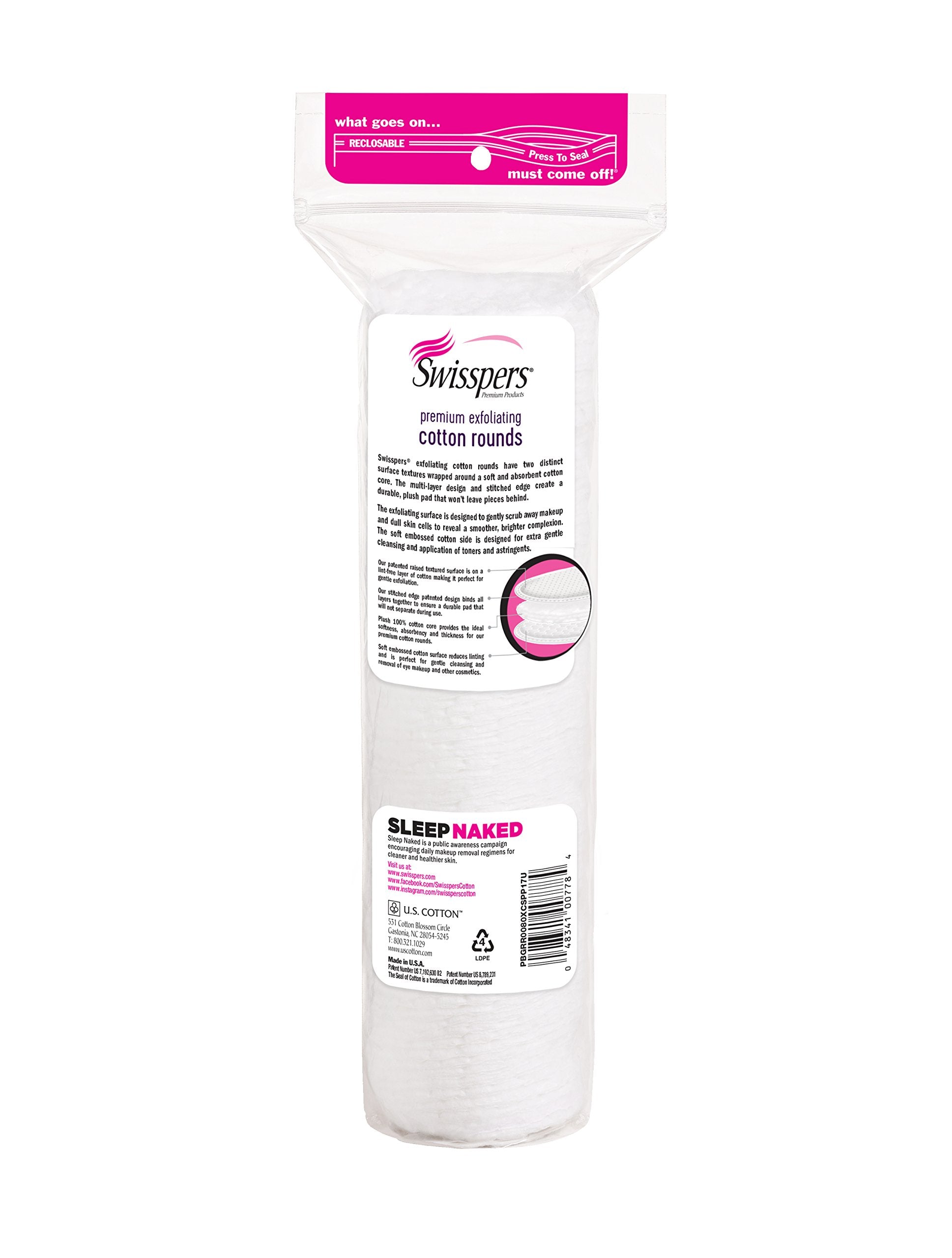 Swisspers Premium Exfoliating Rounds, 2 Distinct Raised Textured Surface, Cotton Facial Pads, 80 Count Re-Closable Bag