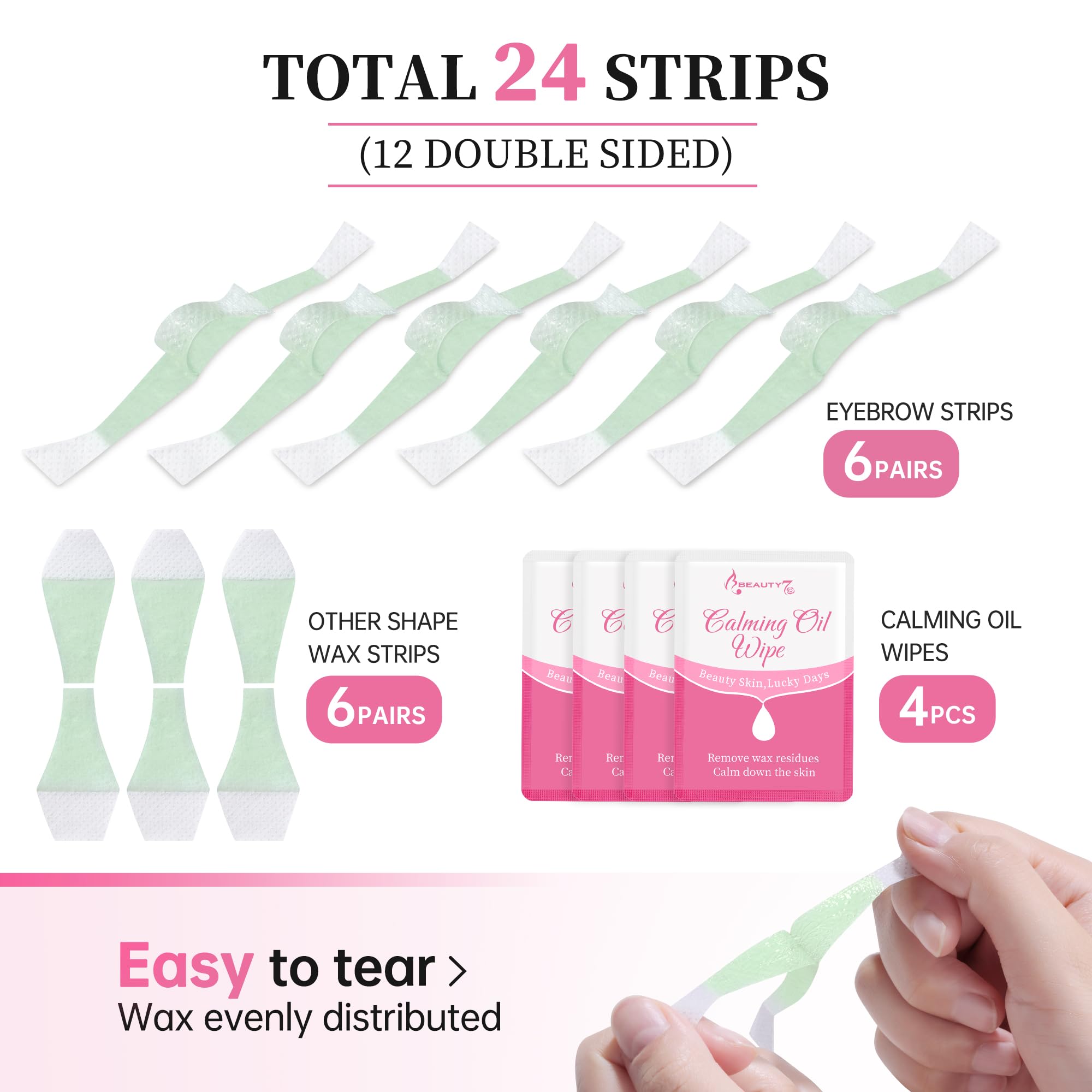 Beauty7 Facial Wax Strips Hair Removal Eyebrow Wax Strips Kit Eyebrow Shaper At Home Waxing 24 Strips 4 Calming Oil Wipes For Se