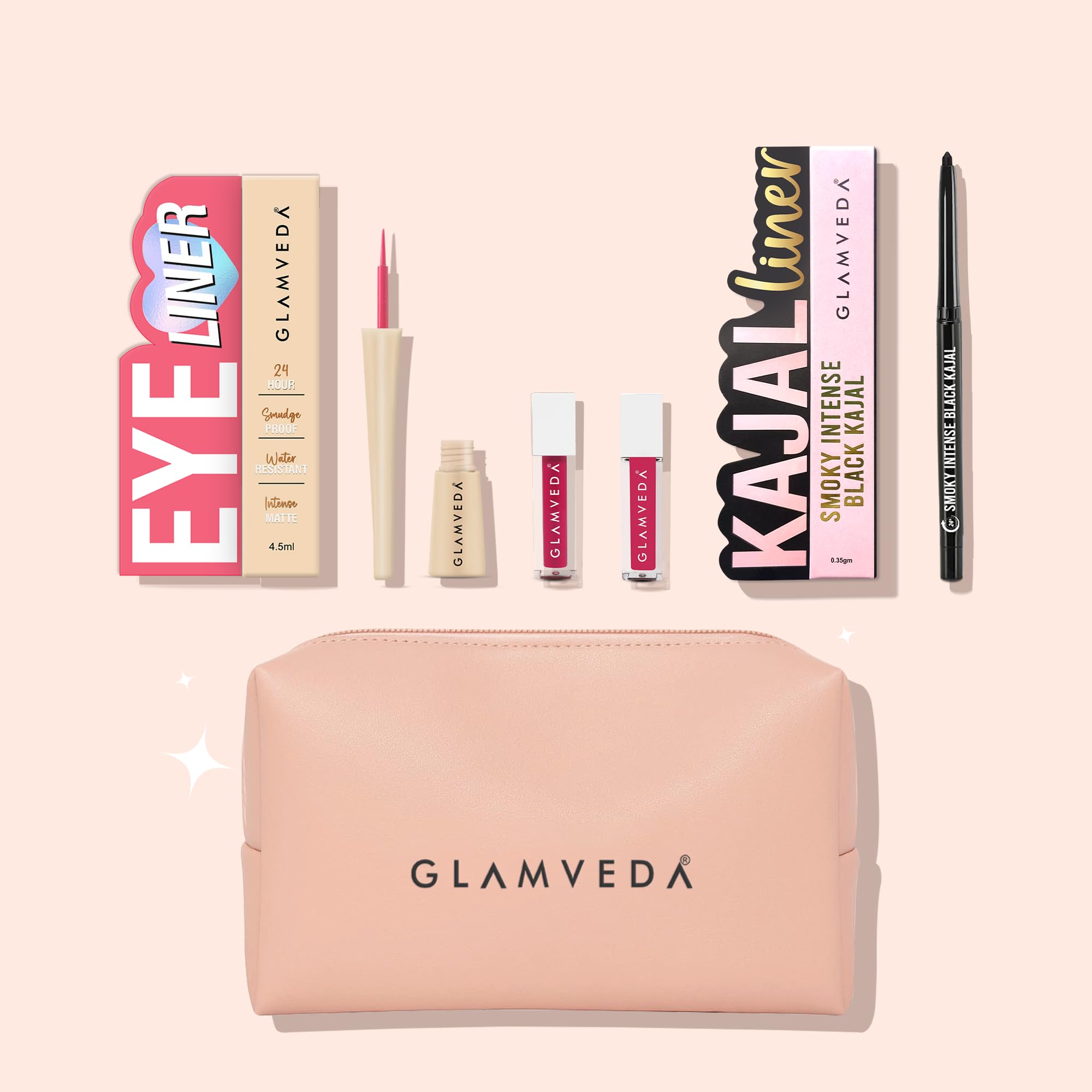 Glamveda Pink Beauty Festive Gift Set Of 4 | Makeup Kit With 24H Smoky Black Kajal | Pink Eyeliner | LongLasting Liquid Lipstic