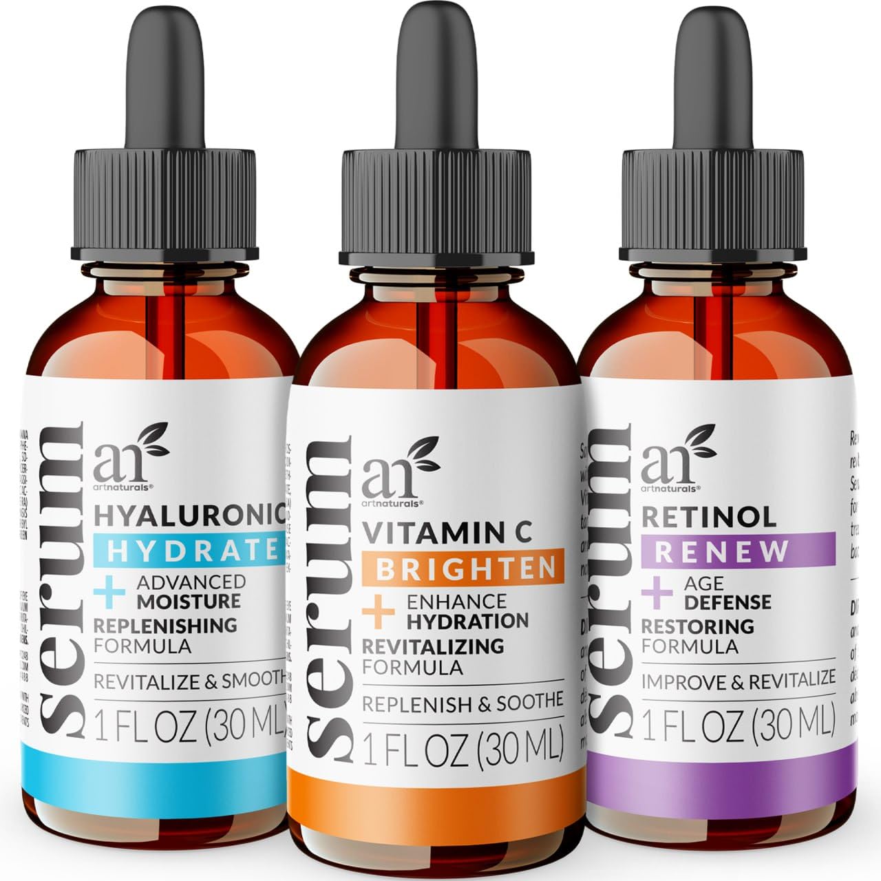 artnaturals Anti-Aging-Set with Vitamin-C Retinol and Hyaluronic-Acid - (3 x 1 Fl Oz / 30ml) Serum for Anti Wrinkle and Dark Cir