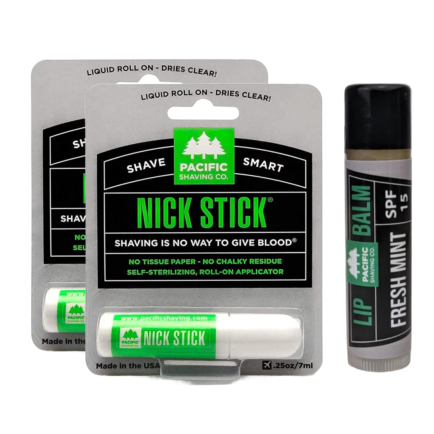 Pacific Shaving Company 2 Nick Sticks + 1 Fresh Mint Lip Balm SPF 15 - A Shave Essential - Puts Nicks in Their Place - Liquid Ro