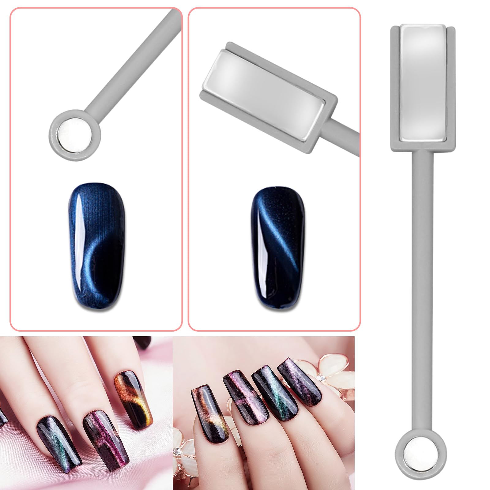 CANIPHA Cat Eye Nail Magnet Set - 4Pcs Double-Head Acrylic Tool, Strong Suction, Silver, for Salon & DIY Home Manicure