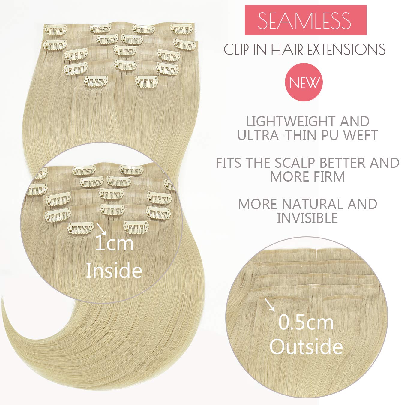 Loxxy Seamless Clip In Hair Extensions Human Hair Platinum Blonde #60A Ultra-Invisible Real Remy Natural Human Hair Extension Si