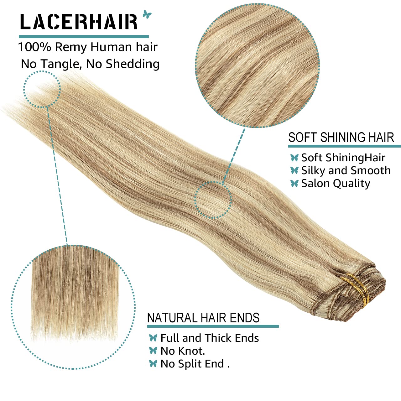 Lacer Hair Hair Extensions Clip In Human Hair Thick Straight Hair Light Brown Highlights Platinum Blonde Color Clip On Real Hair