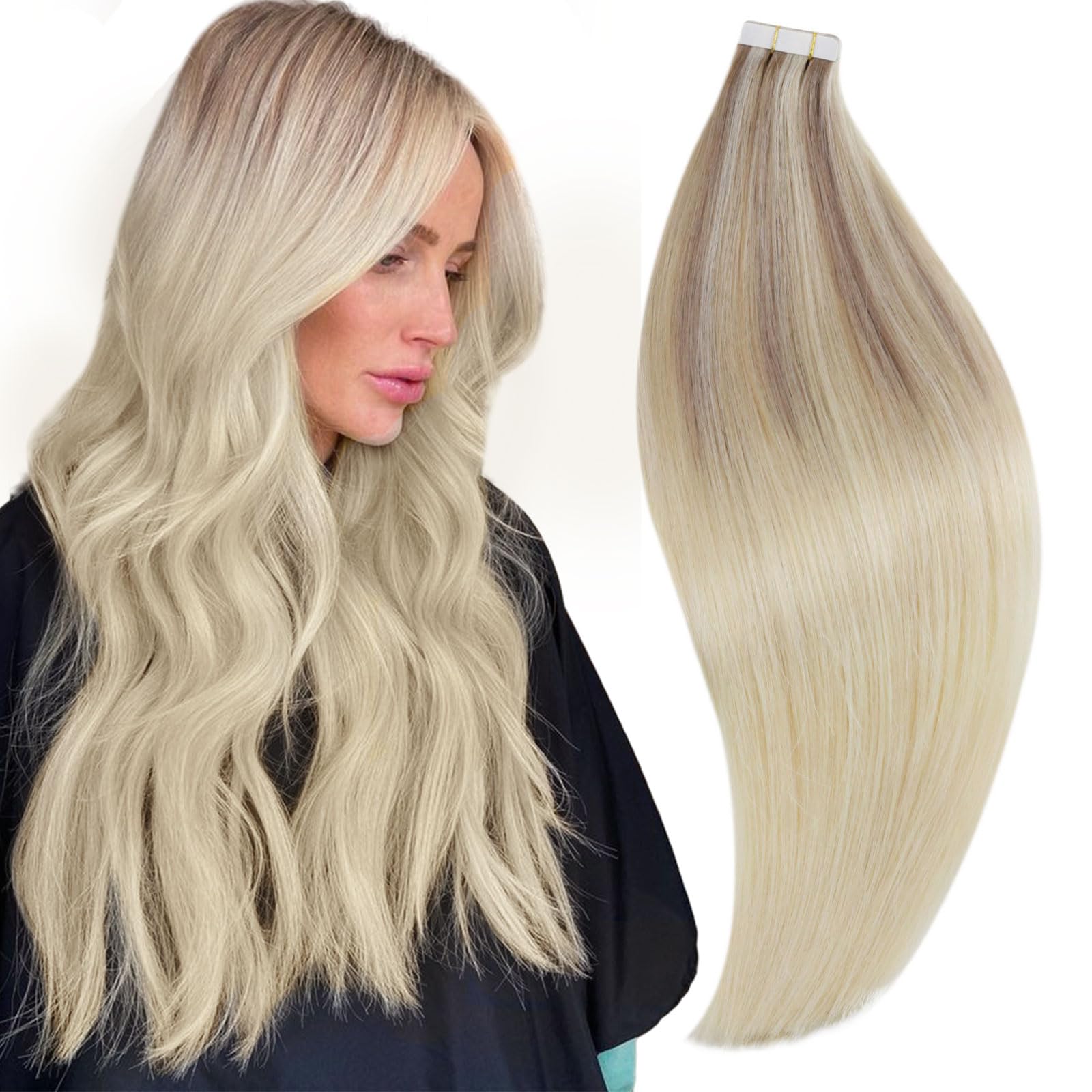 Runature Balayage Tape In Hair Extensions Human Hair 16 Inch Straight Tape Ins Human Hair Extensions Ombre Ash Blonde Mix Light