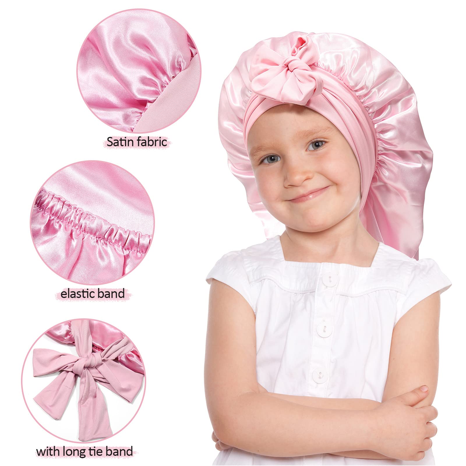 Awaytr Long Toddler Silk Bonnet For Sleeping Elastic Satin Bonnets For Curly Hair Braid Bonnet Night Cap For Aged 3-12 Kids (Pin
