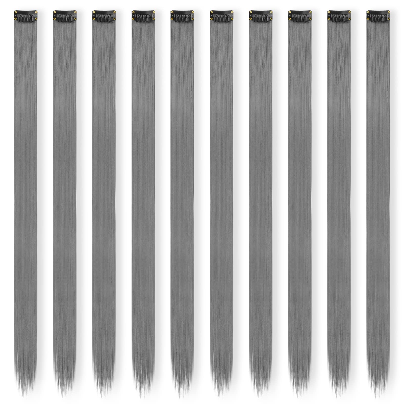 FESHFEN Grey Colored Hair Extensions, Gray Clip in Hair Extension 10 PCS Highlight Colorful Hair Piece Straight Synthetic Clip i