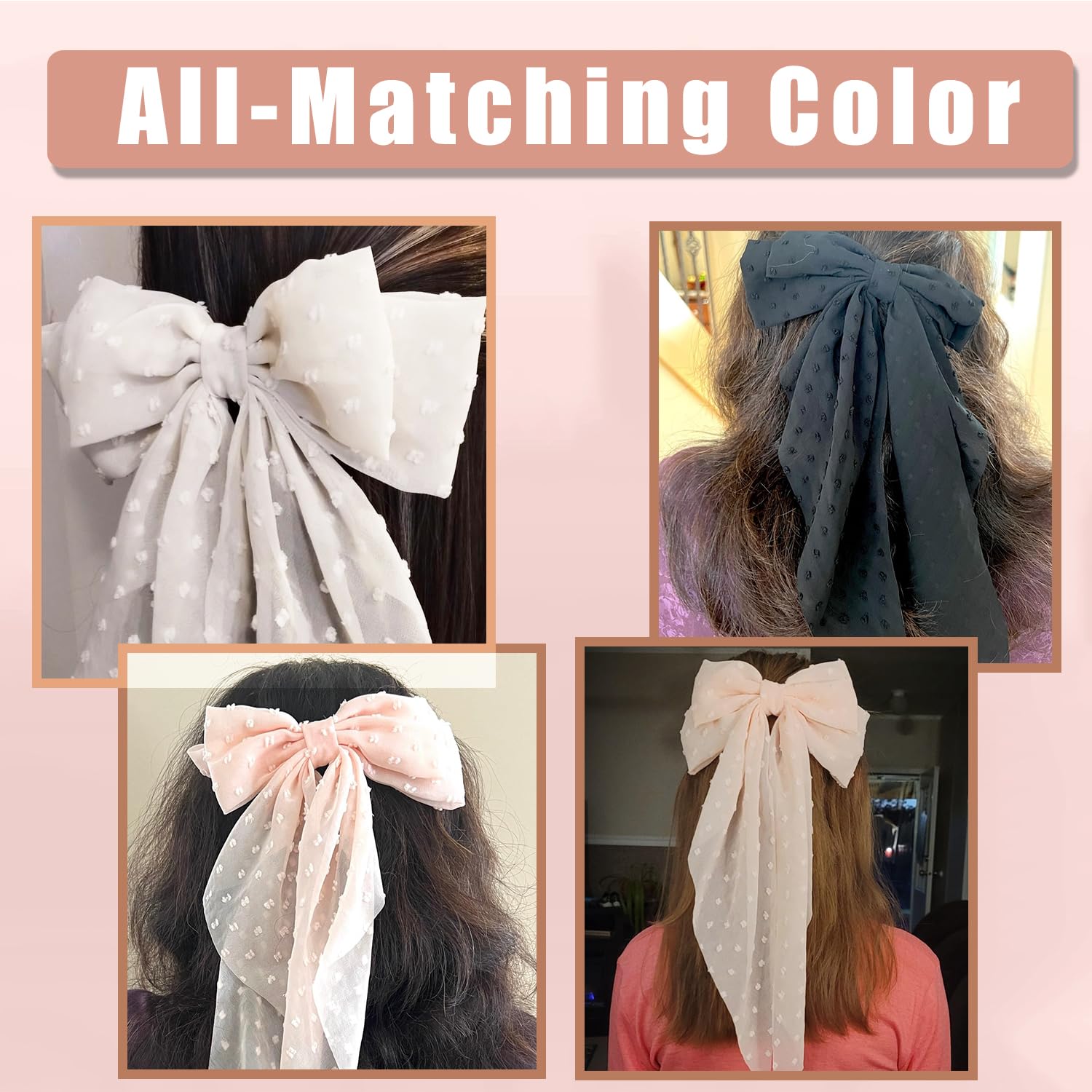Seneeel Large Hair Bows 4 Pcs - Cute Oversized Ribbon Bows For Women In Beige, Light Pink, White, Black - Hair Barrettes For Dif