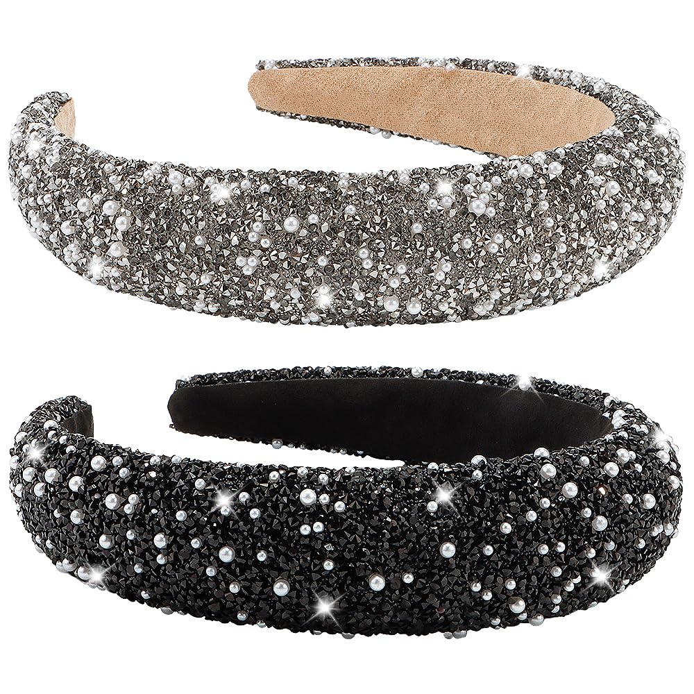 AHONEY 2 Pack Rhinestone Headband Women Girls Thick Padded Headband, Sequin Beaded Pearls Head Band Glitter Cute Headband Birthd