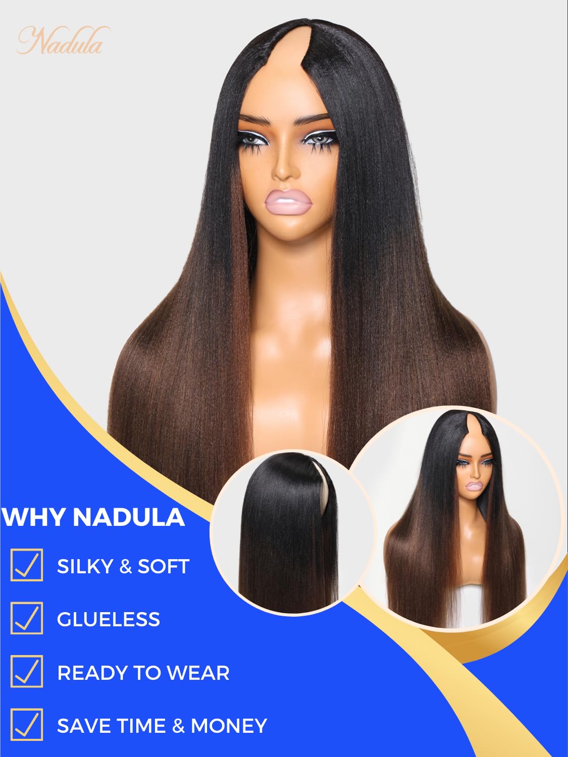 Nadula V Part Yaki Straight Glueless Wig 20 Inch Human Hair Balayage Brown Highlight Clip-In Half Wig No Glue Wear and Go