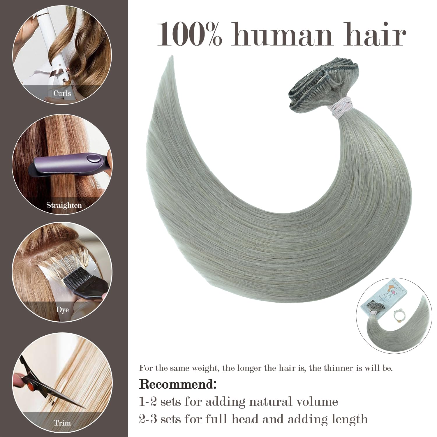 Honsoo Sliver Gray Hair Extensions Real Human Hair Clip Ins 70G 7Pcs 12In Clip In Hair Extensions Real Human Hair For Short Hair