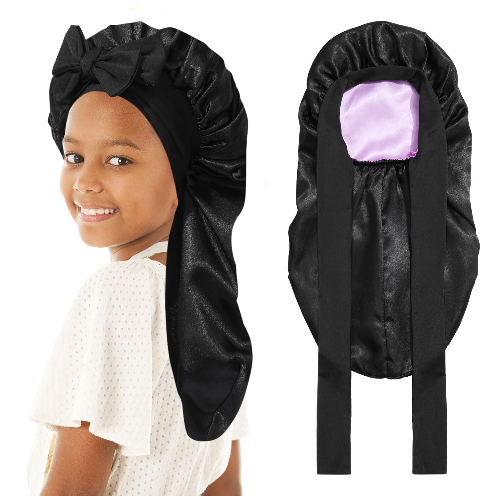 Kids Long Hair Bonnet for Sleeping - Double Layer Girls Elastic Satin Bonnet with Tie Band for Braid Curly Hair (Black+Purple)