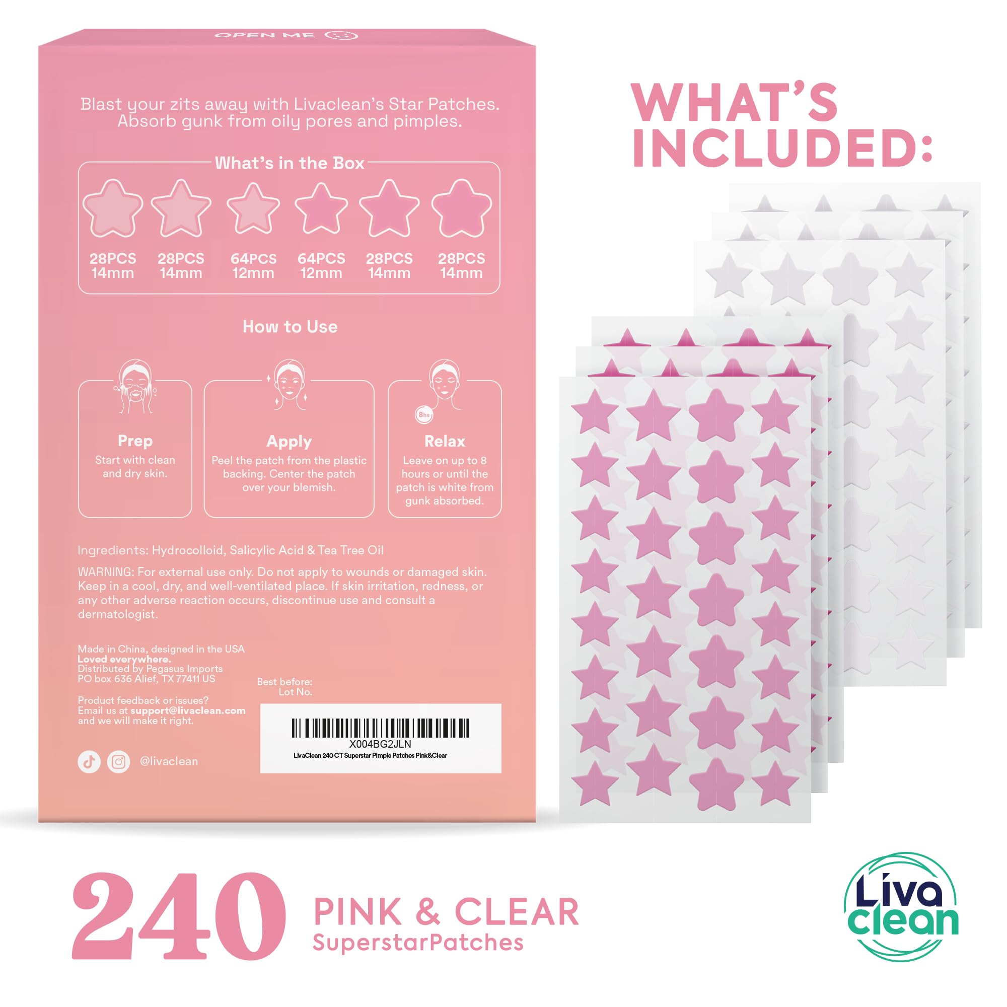 LivaClean Star Blemish Patches (240CT) - Salicylic Acid & Tea Tree Oil, Clear & Pink Pimple Patch Cute, Acne Star, Cute Pimple S