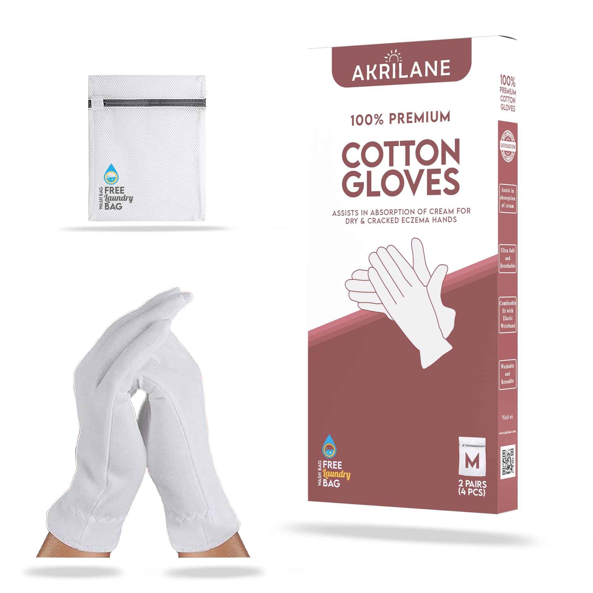 M Medium 2 Pairs 100% Premium Cotton Gloves For Dry Hands | Moisturizing Overnight Gloves For Eczema, Psoriasis & Skin Spa Treat