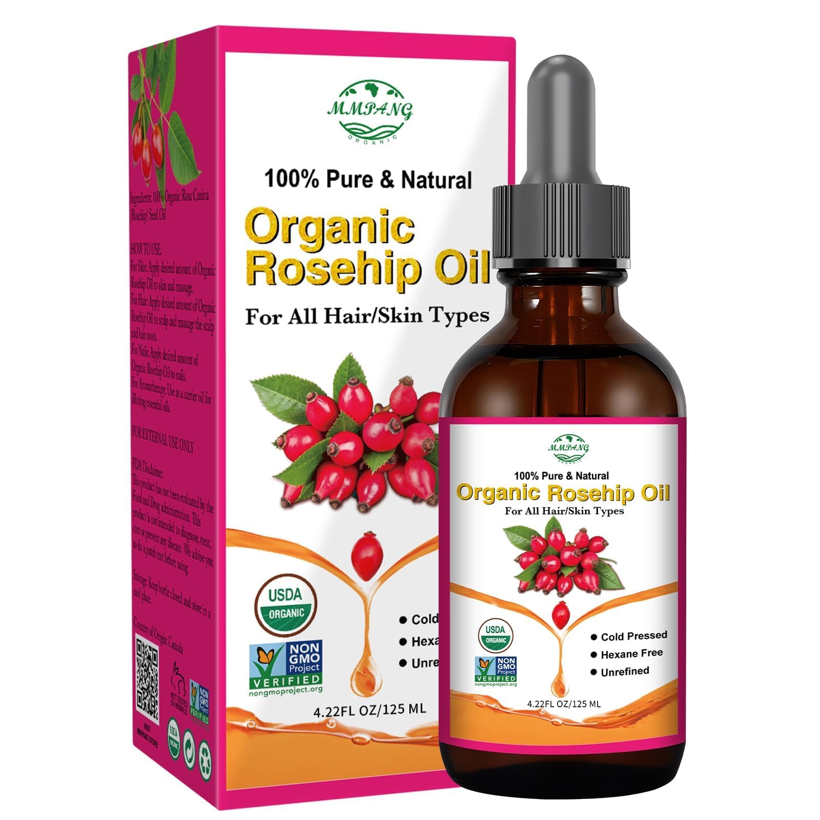 MMPANG 100% Pure Natural Rosehip Oil for Face, USDA Certified Organic, Cold Pressed, Extra Virgin, Hexane Free Rosehip Seed Oil 