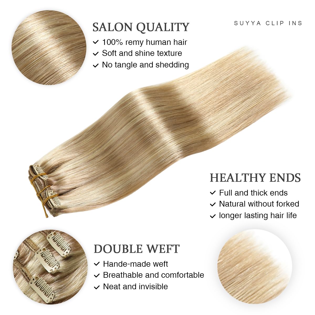 Suyya Clip In Hair Extensions Real Human Hair 14 Inch 110G 7Pcs Clip In Remy Human Hair Extensions Silky Straight Double Ash Blo